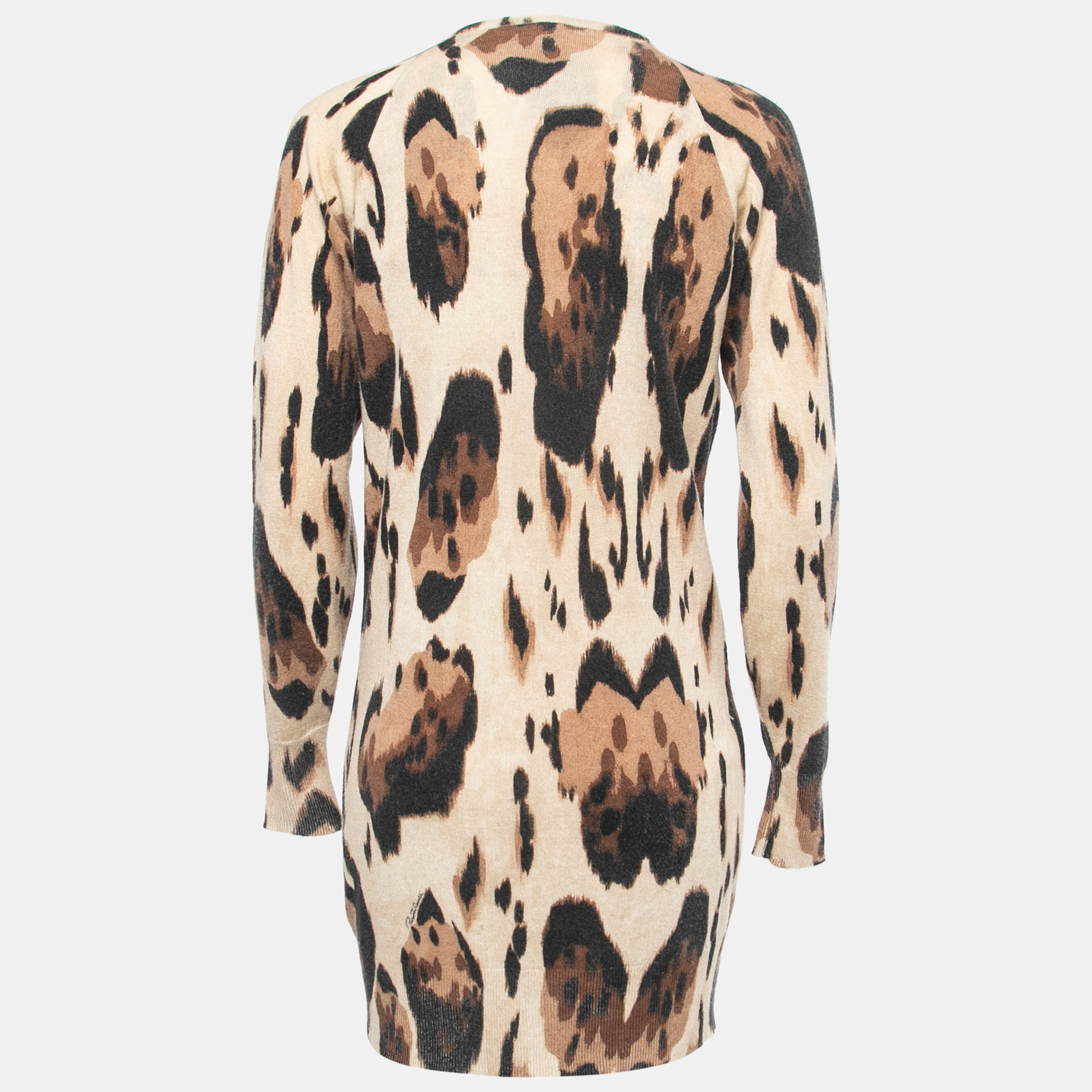 

Roberto Cavalli Beige Animal Print Cashmere Button Front Long Cardigan