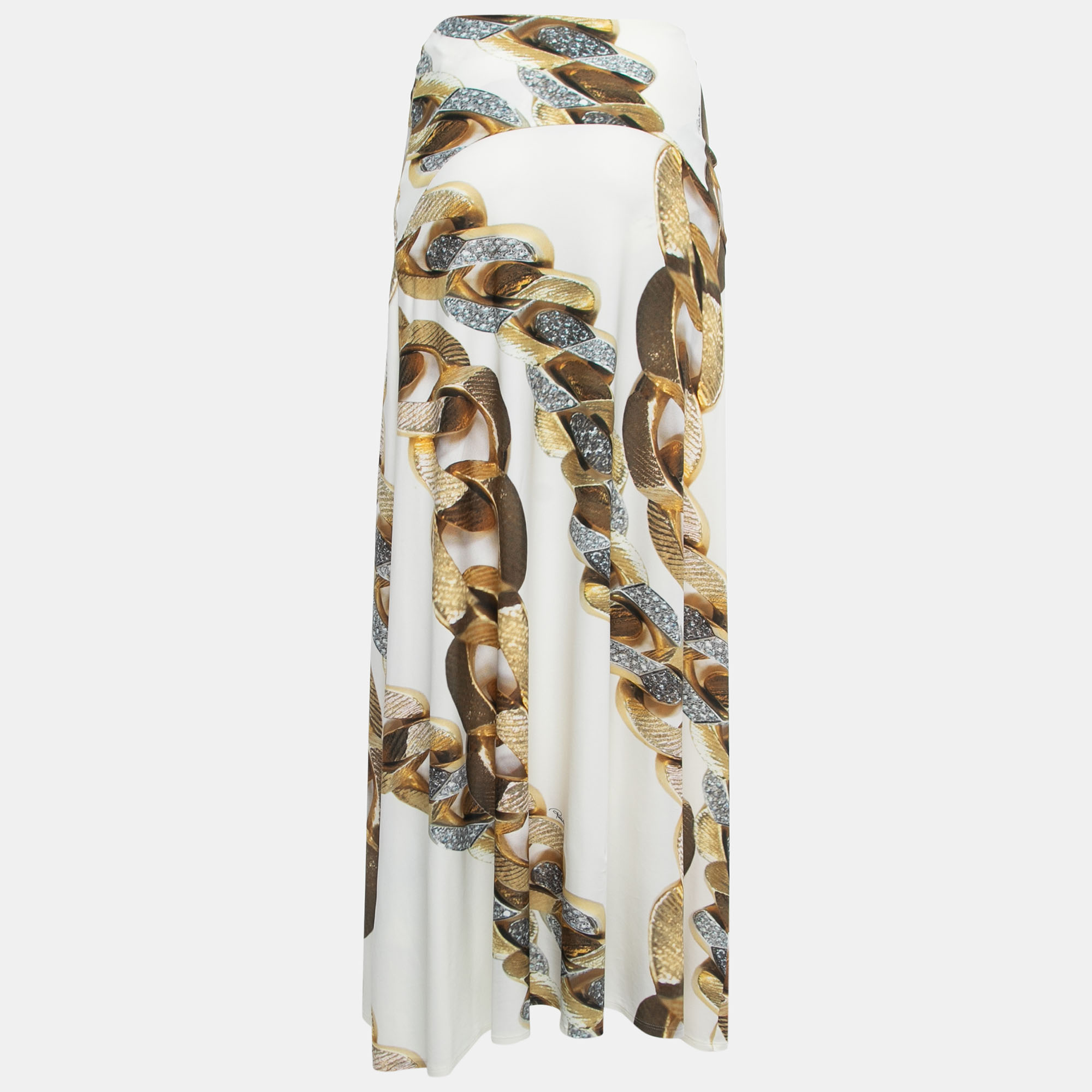 

Roberto Cavalli Cream Printed Jersey Flared Maxi Skirt