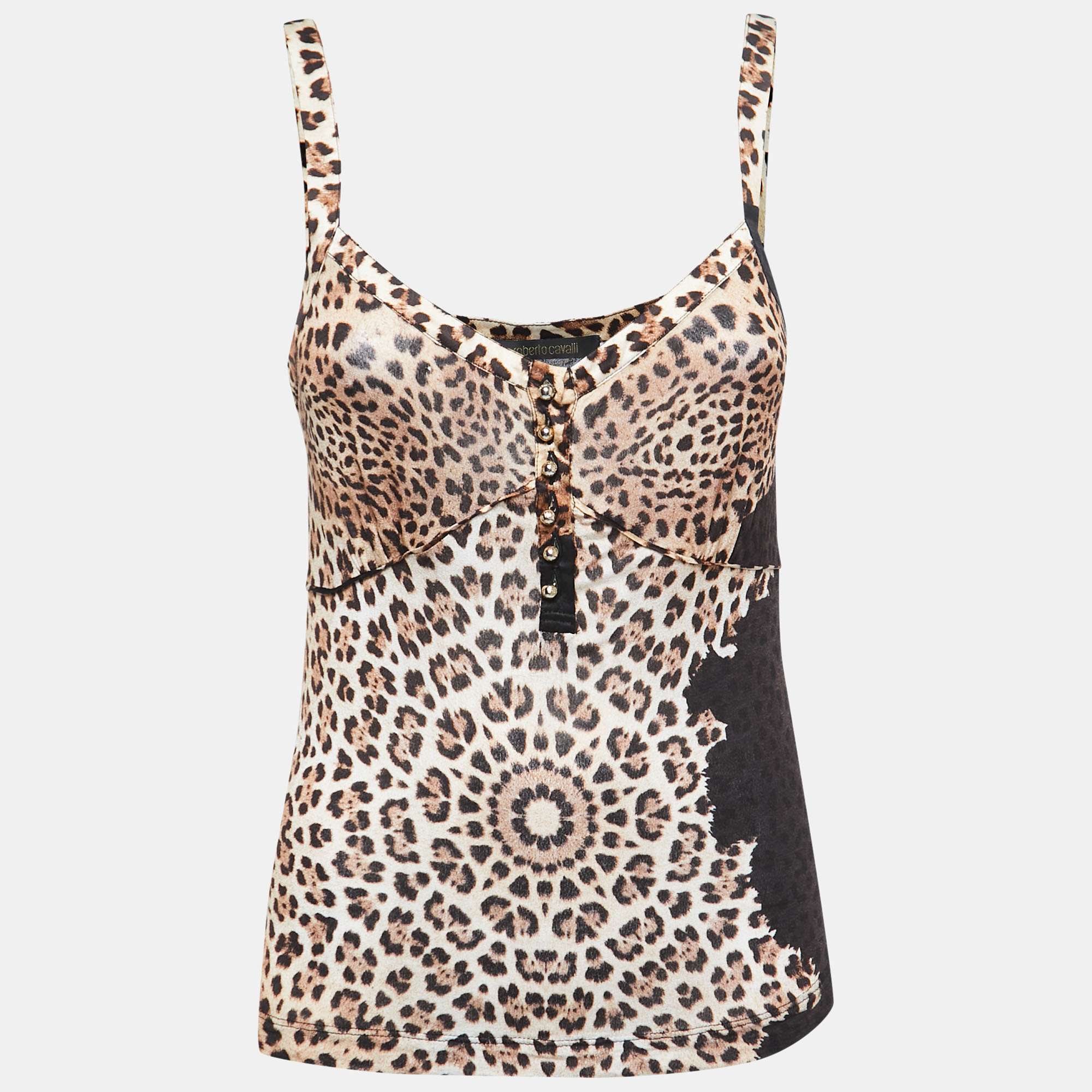Pre-owned Roberto Cavalli Black Animal Print Button Front V-neck Camisole M In Beige