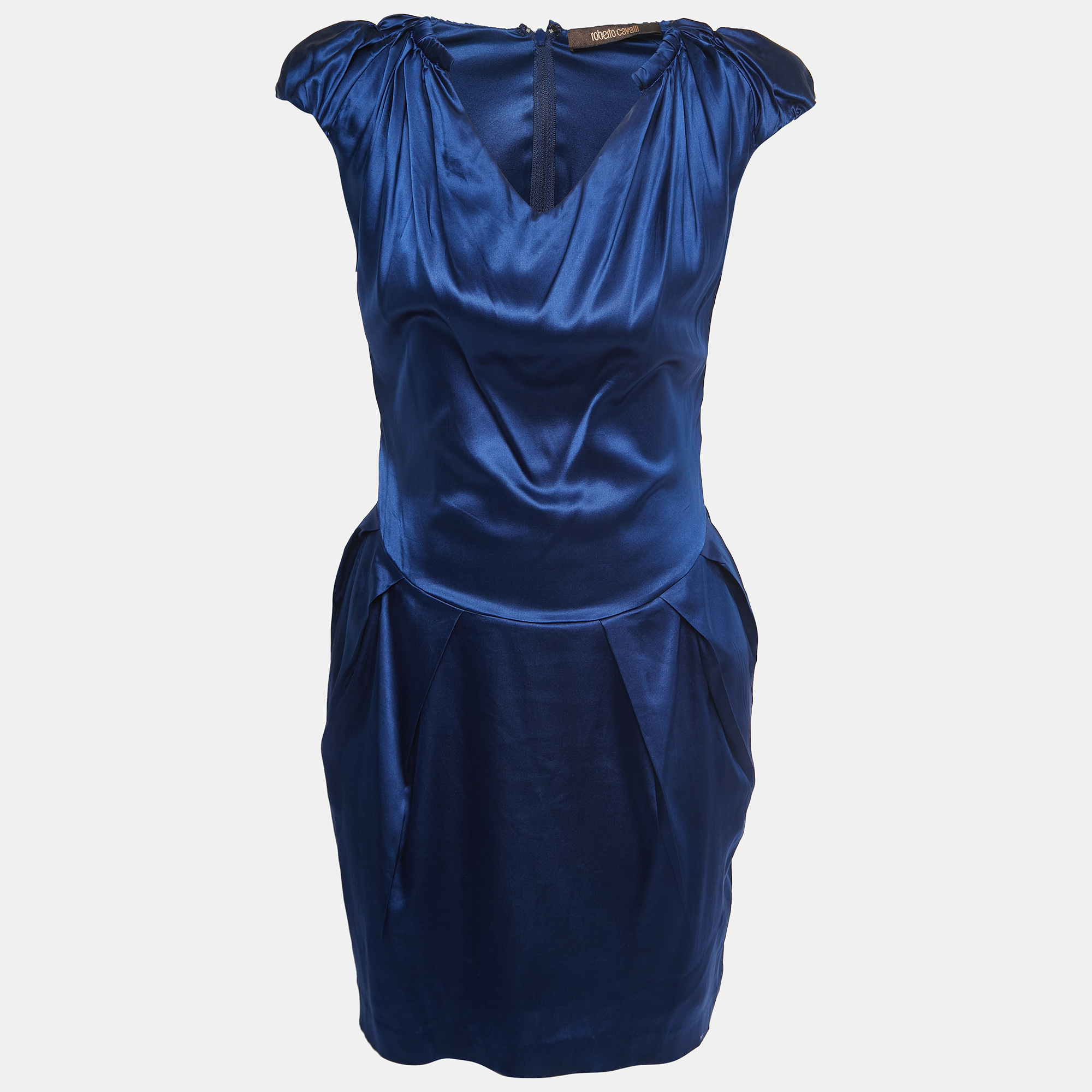 Pre-owned Roberto Cavalli Blue Satin Silk V Neck Pleated Short Dress S