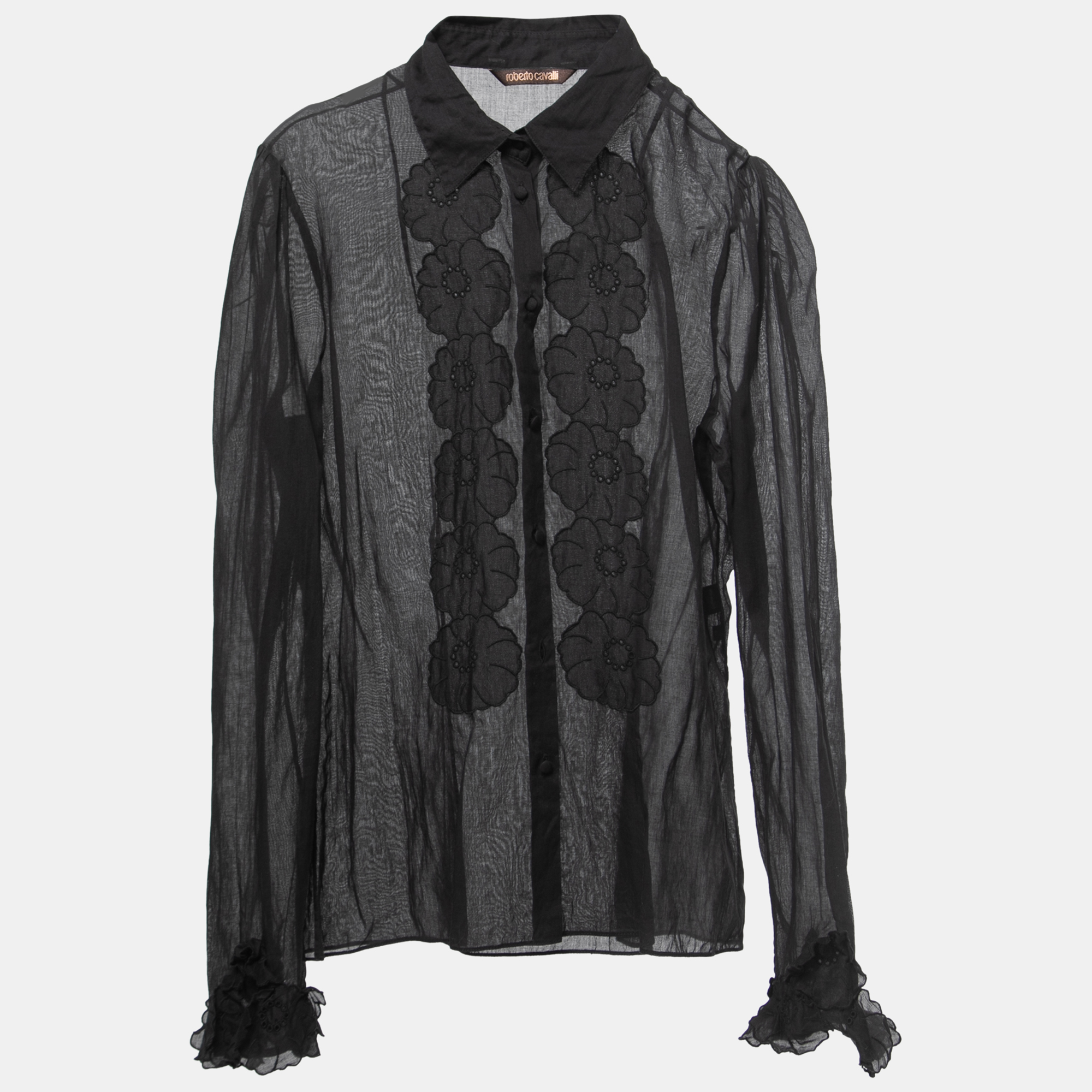 Pre-owned Roberto Cavalli Black Cotton Floral Detail Button Down Shirt L