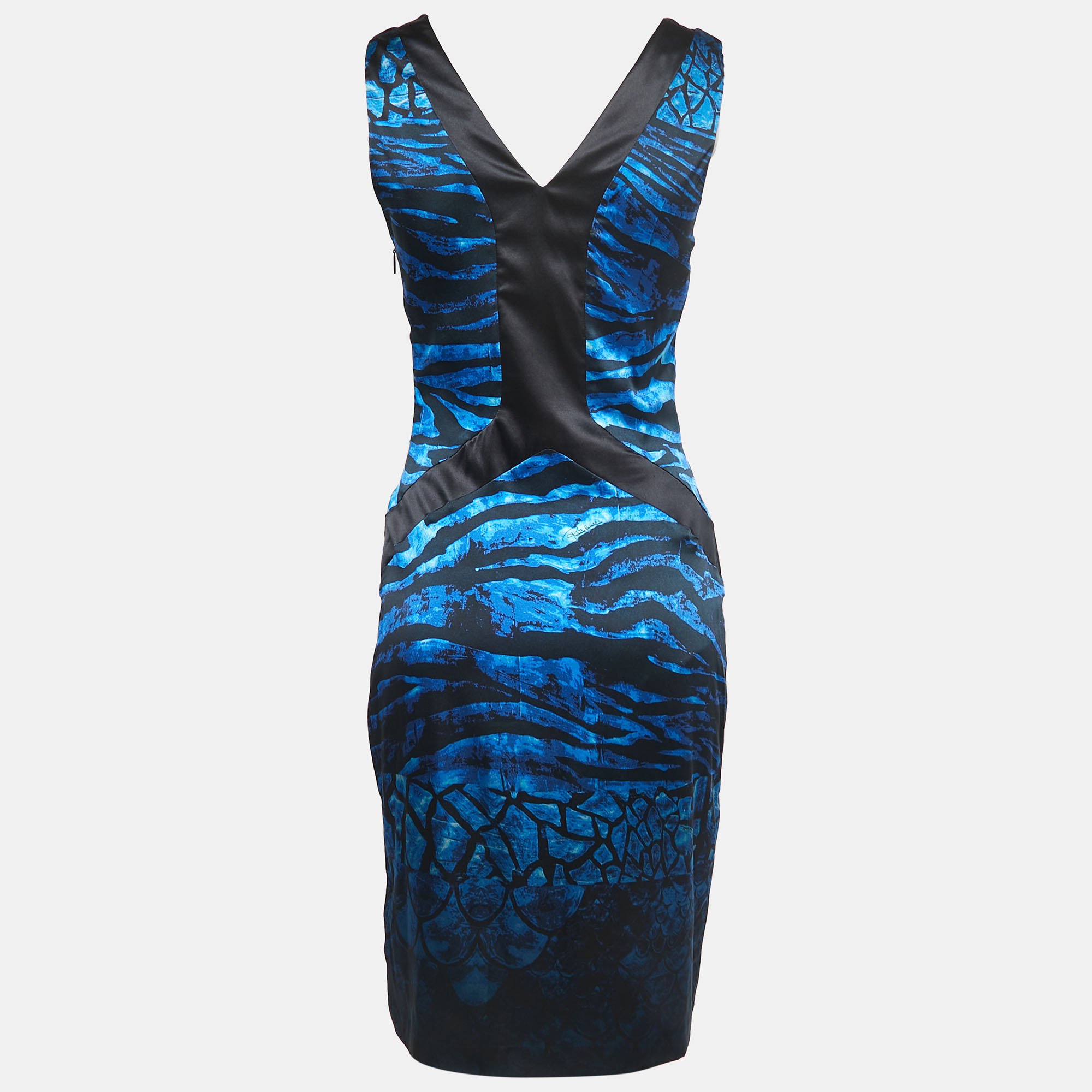 

Roberto Cavalli Blue Animal Printed Stretch Satin Sleeveless Mini Dress