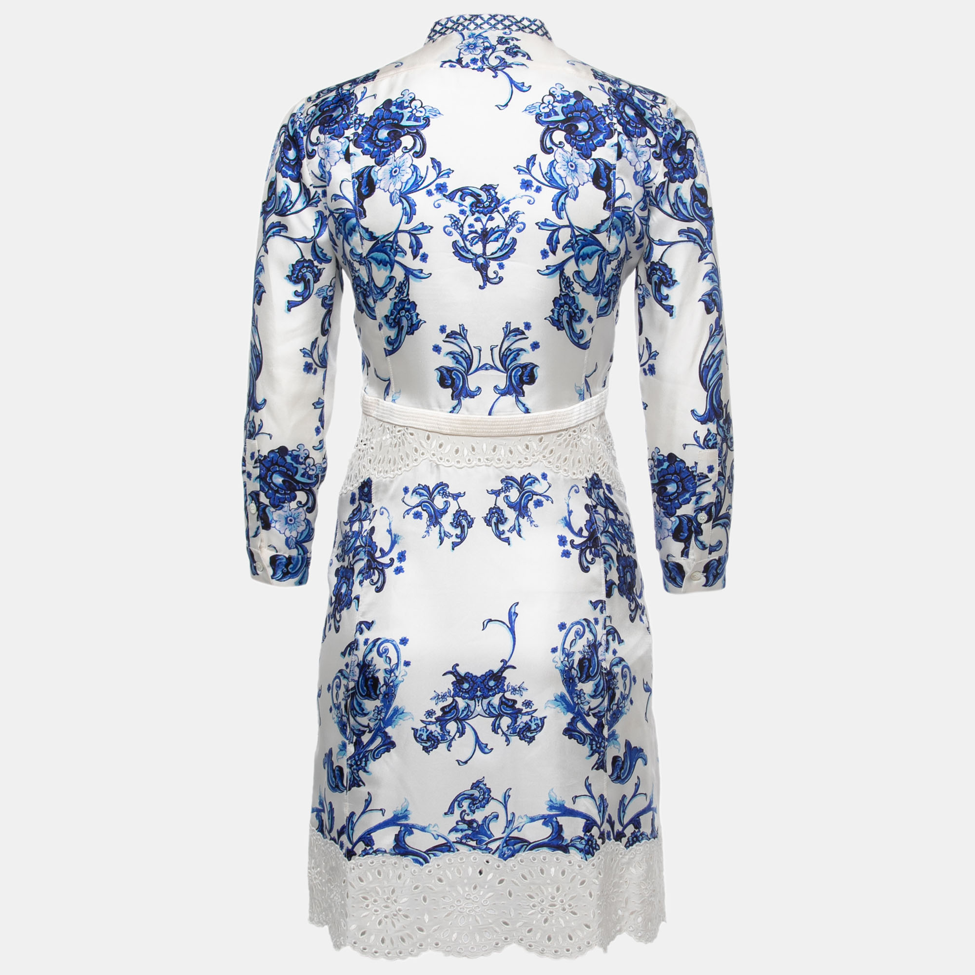 

Roberto Cavalli White/Blue Floral Printed Silk Lace Trimmed Mini Dress
