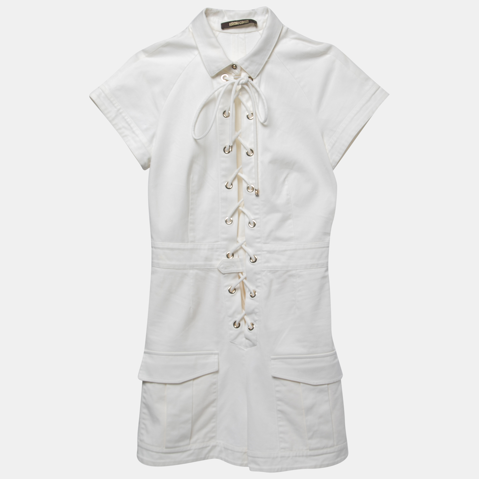 Pre-owned Roberto Cavalli White Cotton Twill Lace-up Playsuit S
