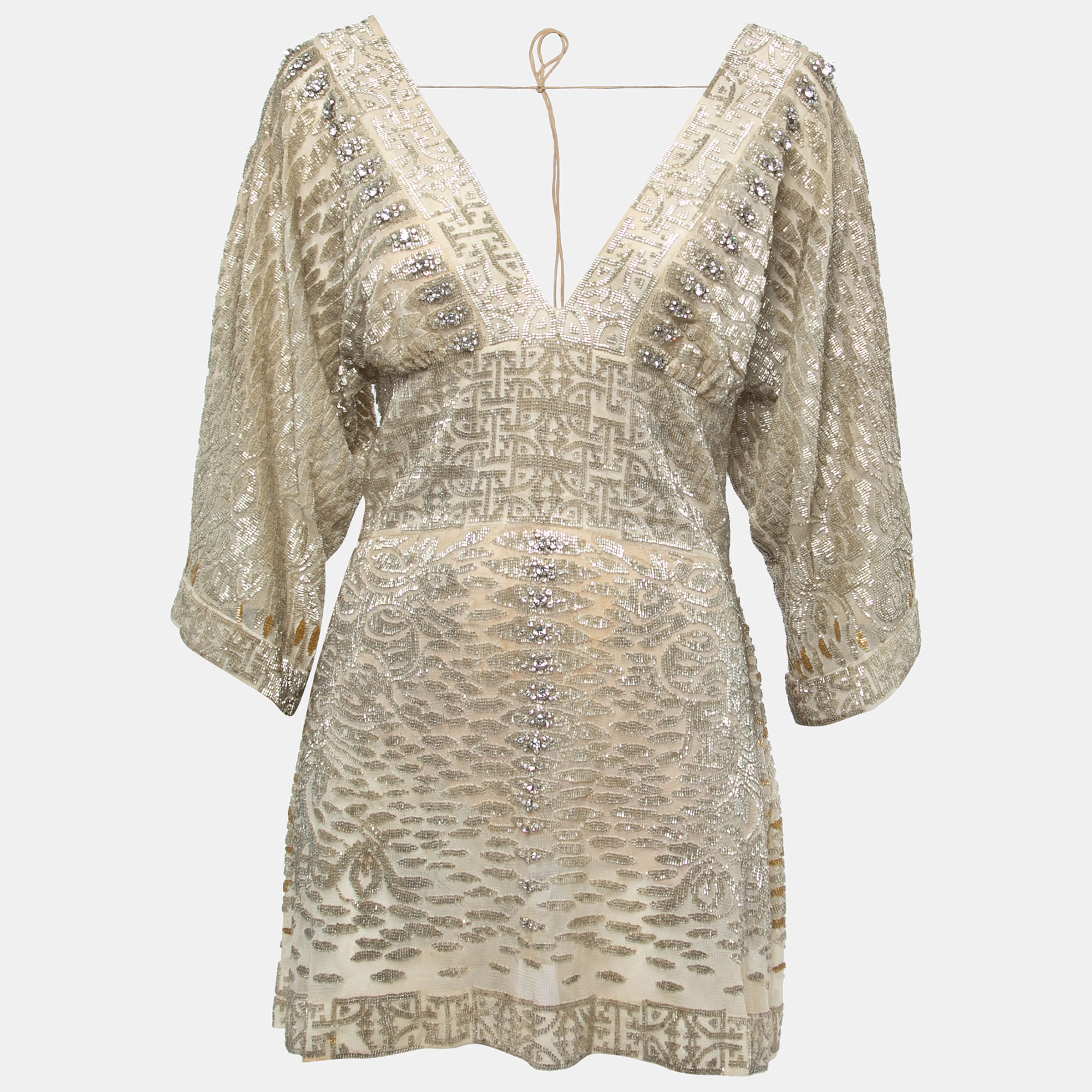 Pre-owned Roberto Cavalli Gold Embellished Silk Mini Dress S