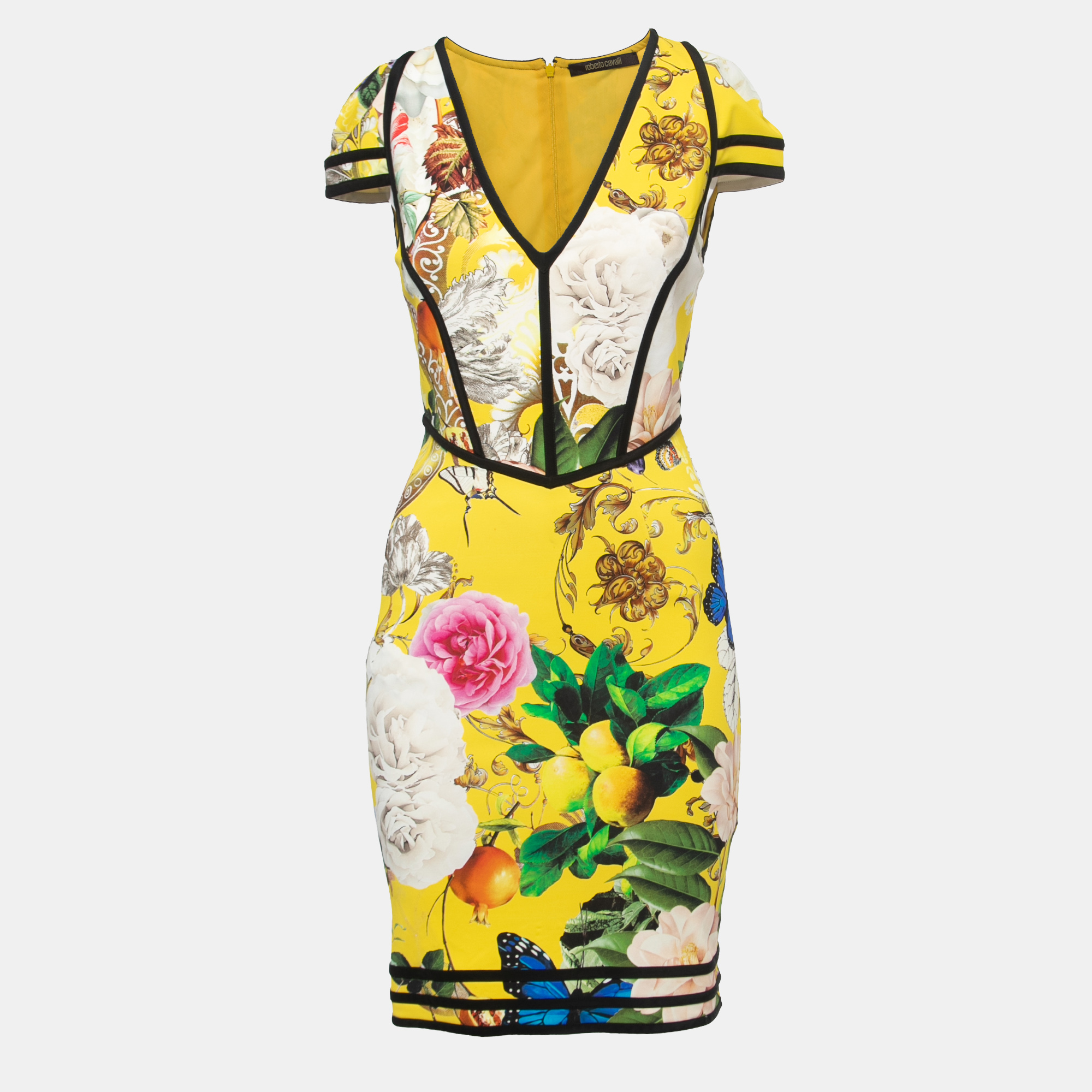 Pre-owned Roberto Cavalli Yellow Floral Printed Jersey Mini Dress S