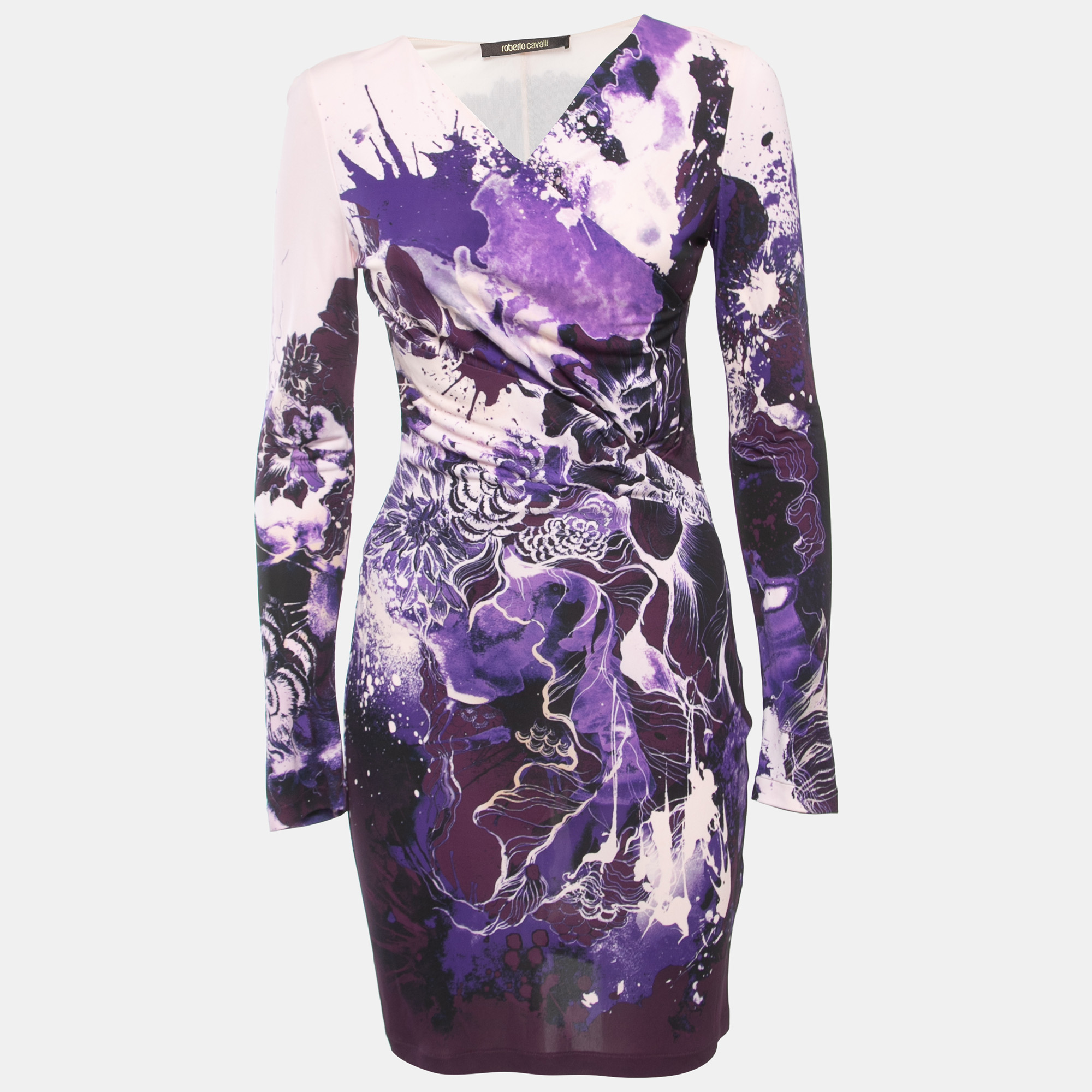 Pre-owned Roberto Cavalli Pink/purple Print Jersey Short Dress S