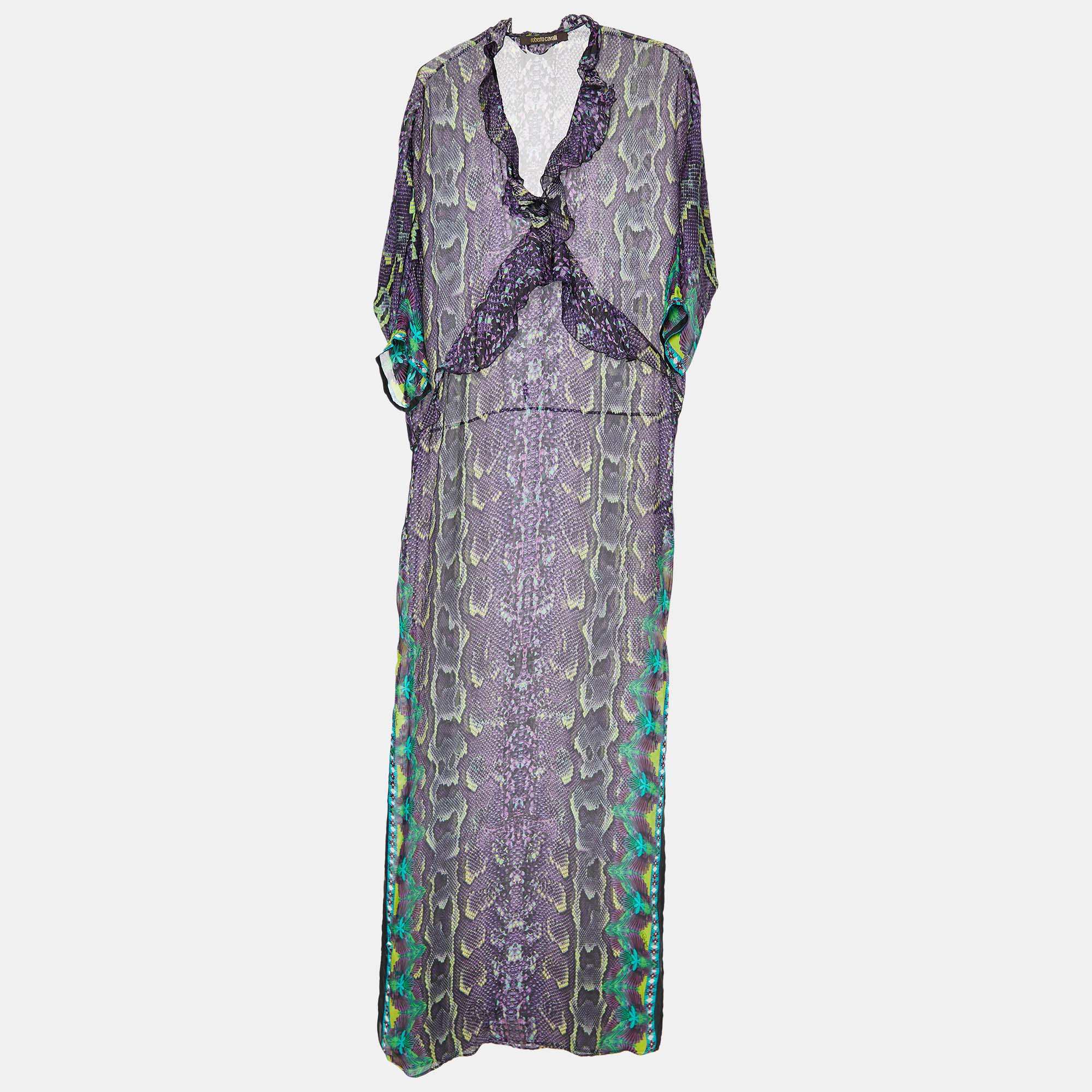 Pre-owned Roberto Cavalli Multicolor Printed Silk Ruffle Detail Maxi Dress S