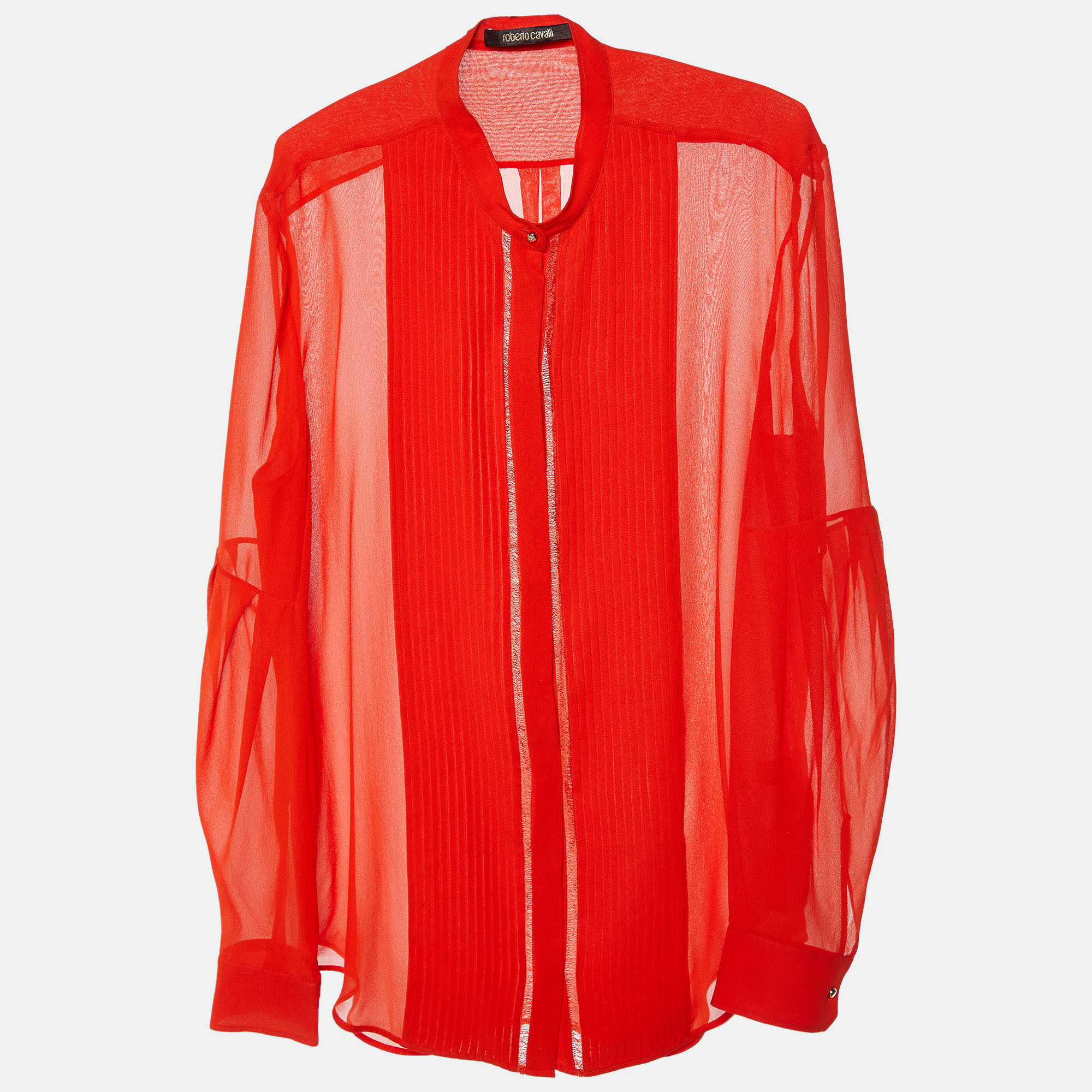 

Roberto Cavalli Coral Red Silk Pintuck Detail Button Front Shirt L