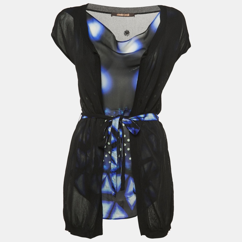 Pre-owned Roberto Cavalli Black/blue Print Silk & Knit Sleeveless Belted Top S