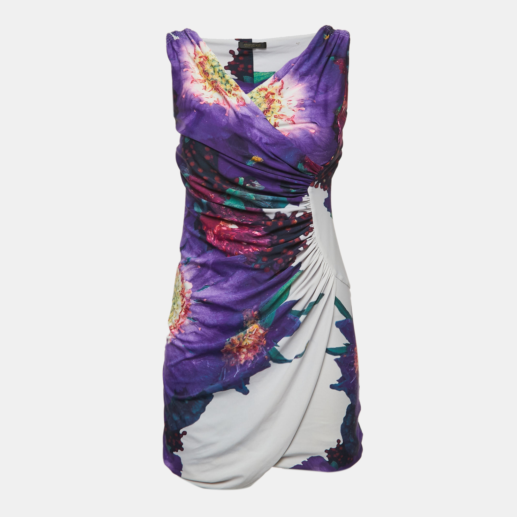 

Roberto Cavalli Multicolor Floral Print Jersey Draped Sleeveless Mini Dress