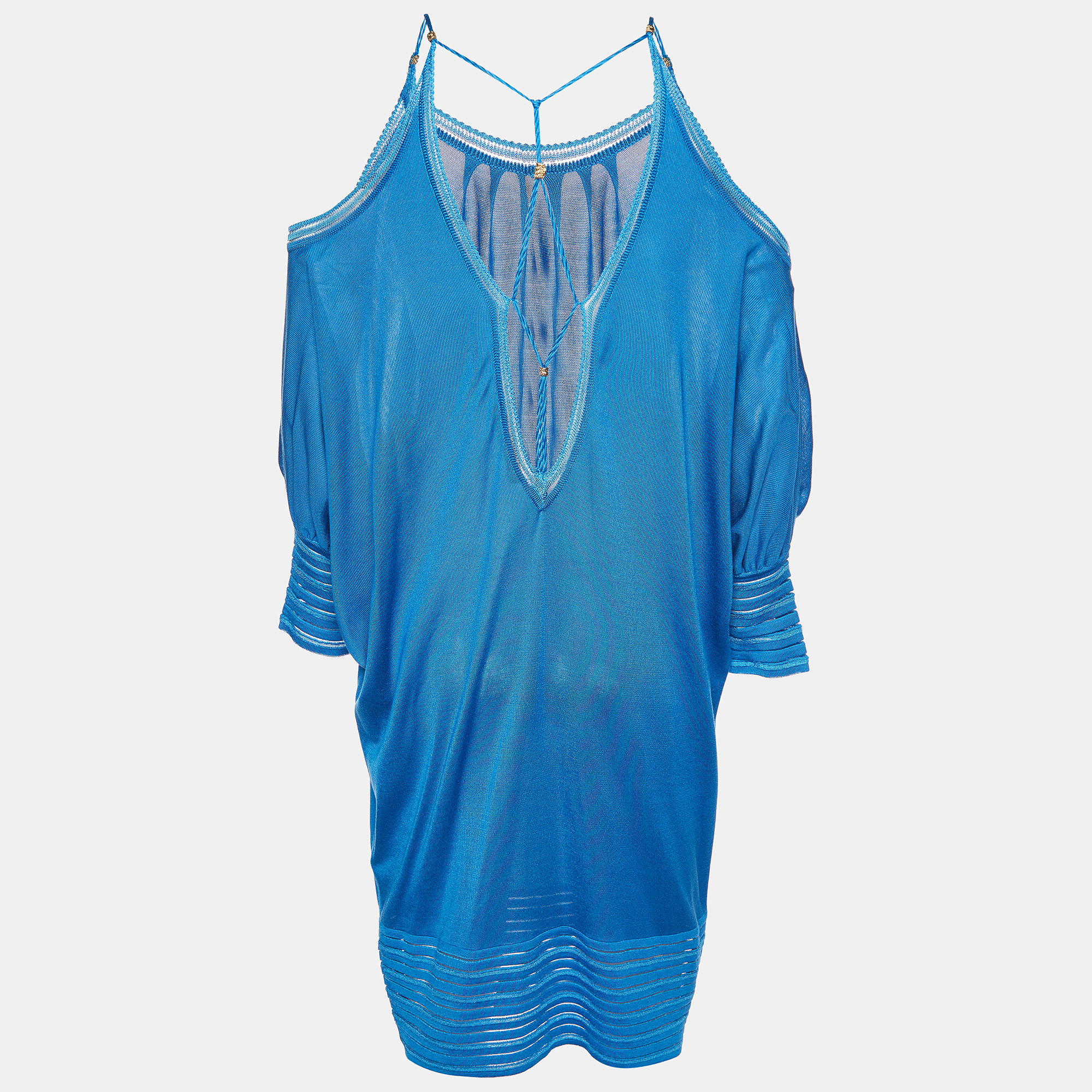 Pre-owned Roberto Cavalli Blue Silk Knit Off Shoulder Mini Dress M