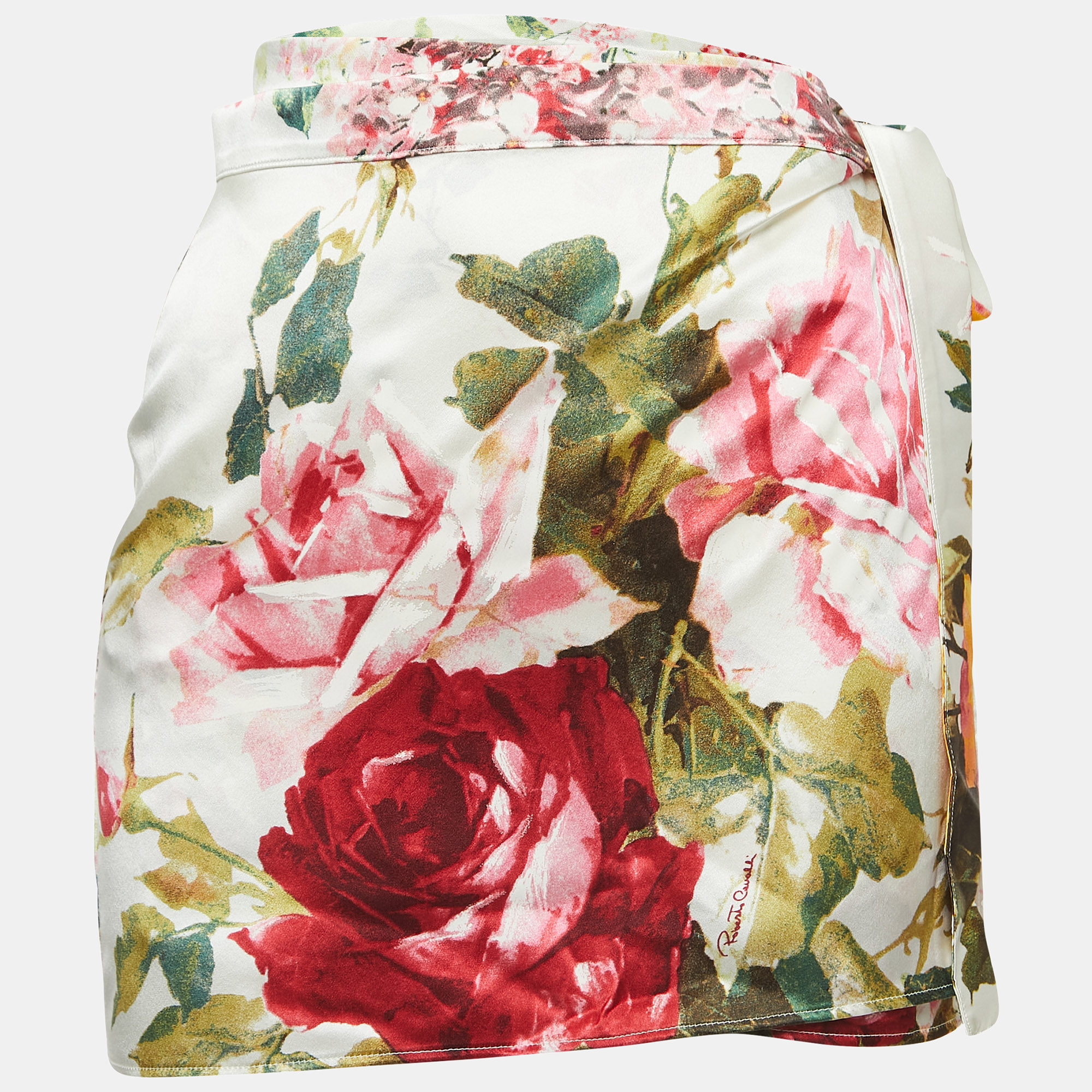 Pre-owned Roberto Cavalli White Floral Print Satin Mini Wrap Skirt M