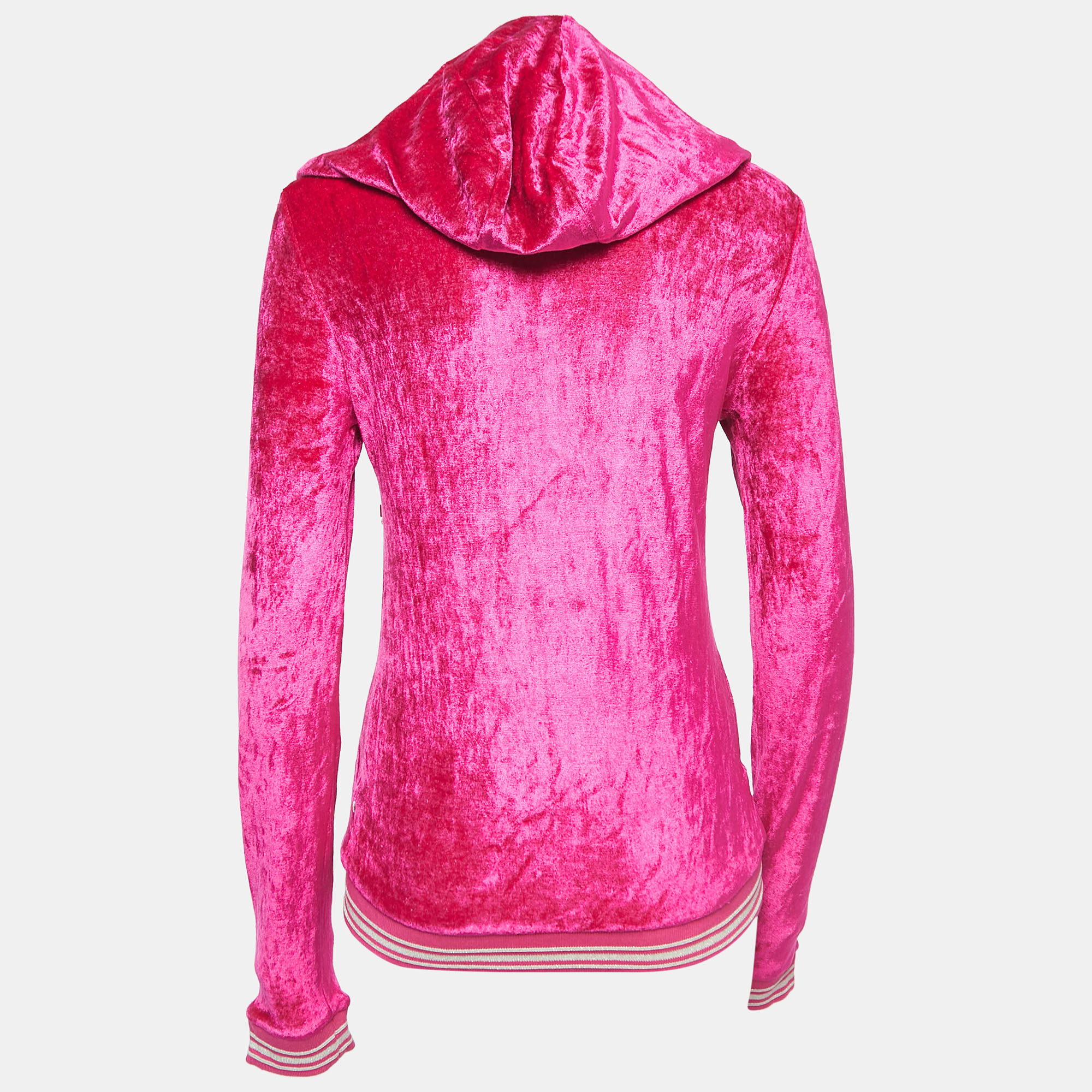 

Roberto Cavalli Pink Velvet Logo Patch Zip Front Hooded Jacket