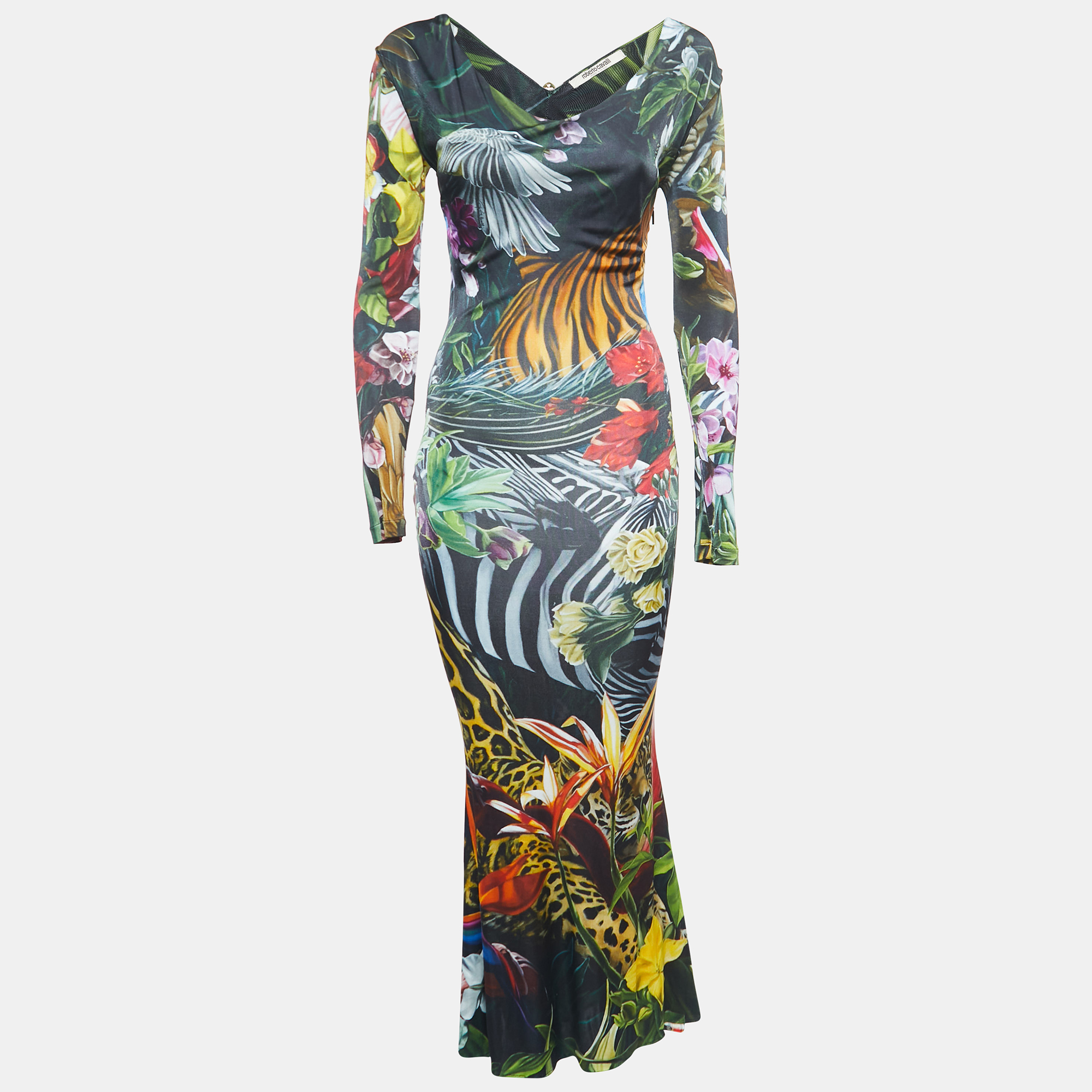 Pre Owned Roberto Cavalli Multicolor Floral Print Jersey Beetle Brooch Cutout Maxi Dress S