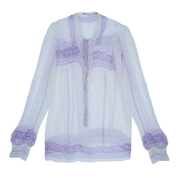 Pre Owned Roberto Cavalli White Printed Chiffon Top L