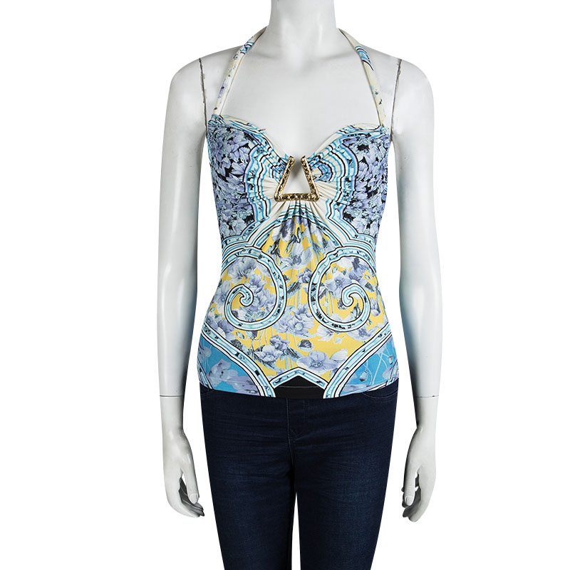 

Roberto Cavalli Blue Floral Printed Halter Top