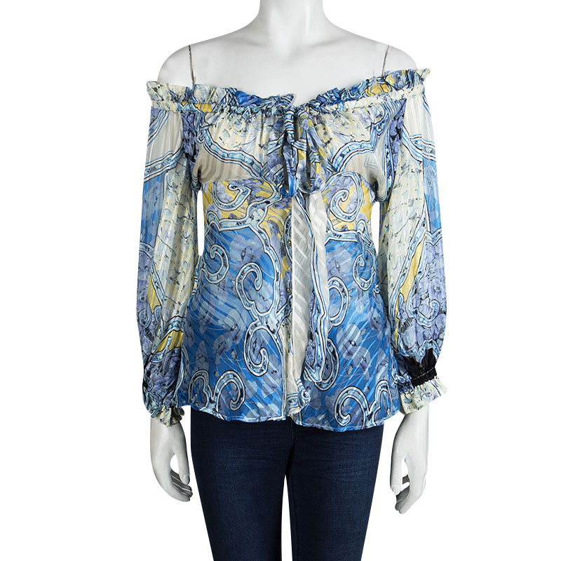 

Roberto Cavalli Blue Printed Silk Ruffle Detail Off Shoulder Sheer Blouse