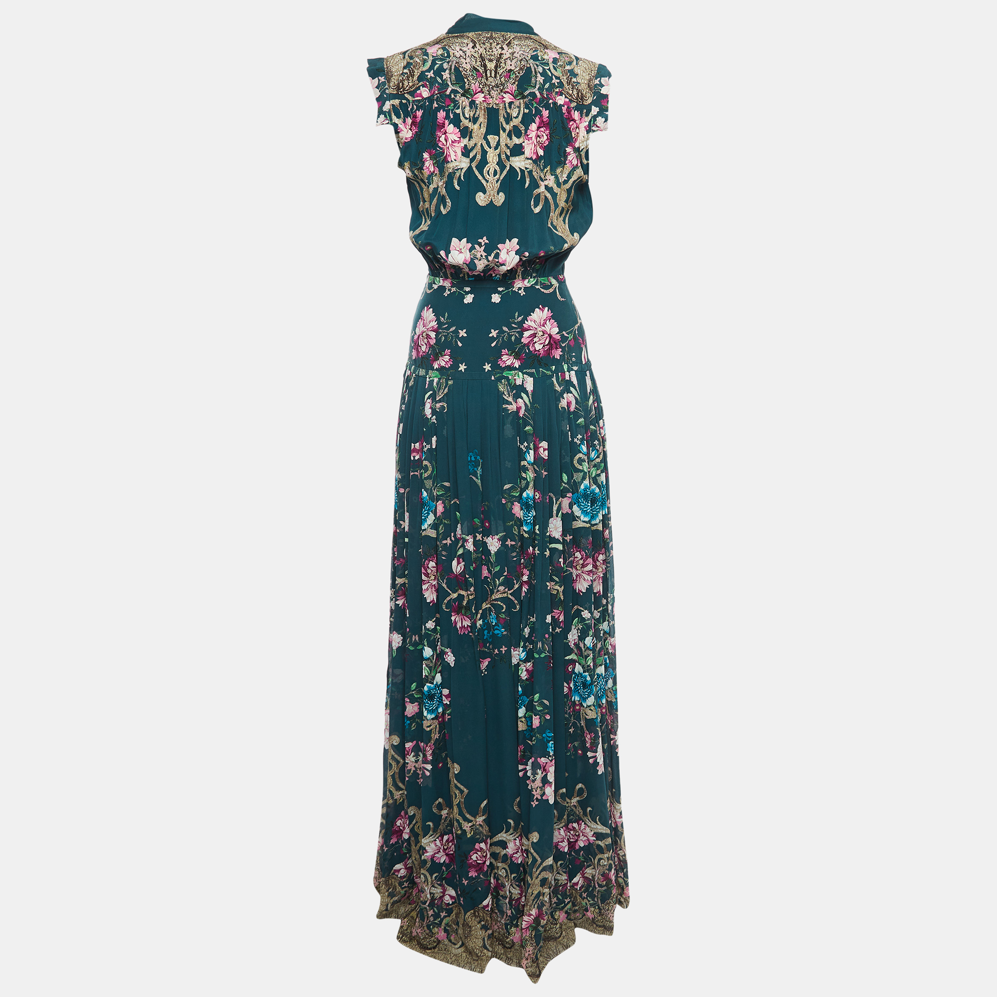 

Roberto Cavalli Green Floral Print Silk Pleat Detail Sleeveless Maxi Dress