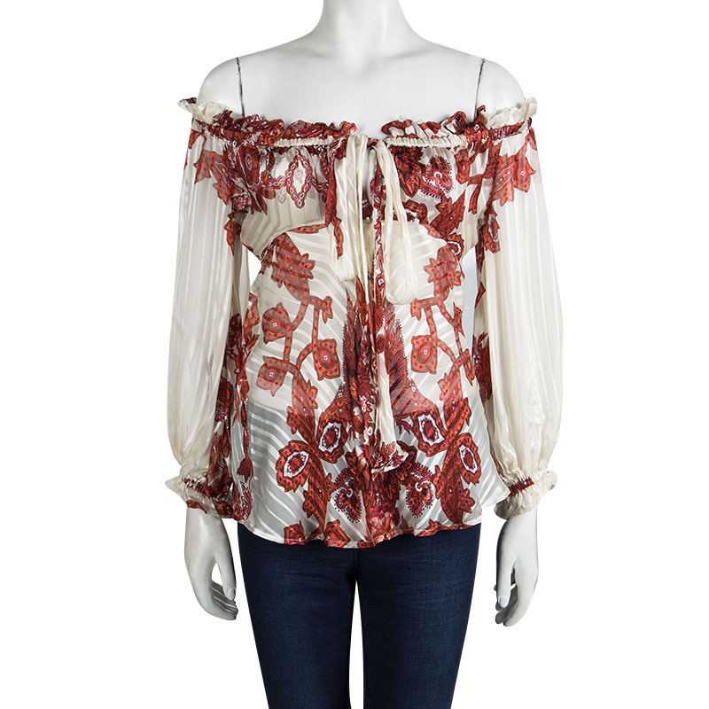 

Roberto Cavalli Off White Floral Printed Silk Sheer Long Sleeve Blouse