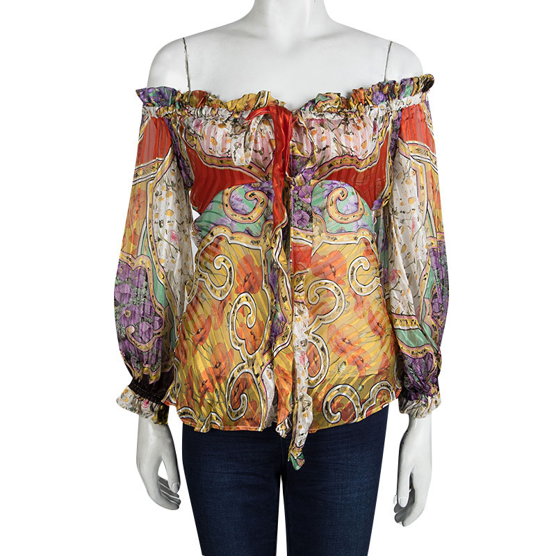 

Roberto Cavalli Multicolor Floral Printed Silk Sheer Long Sleeve Blouse