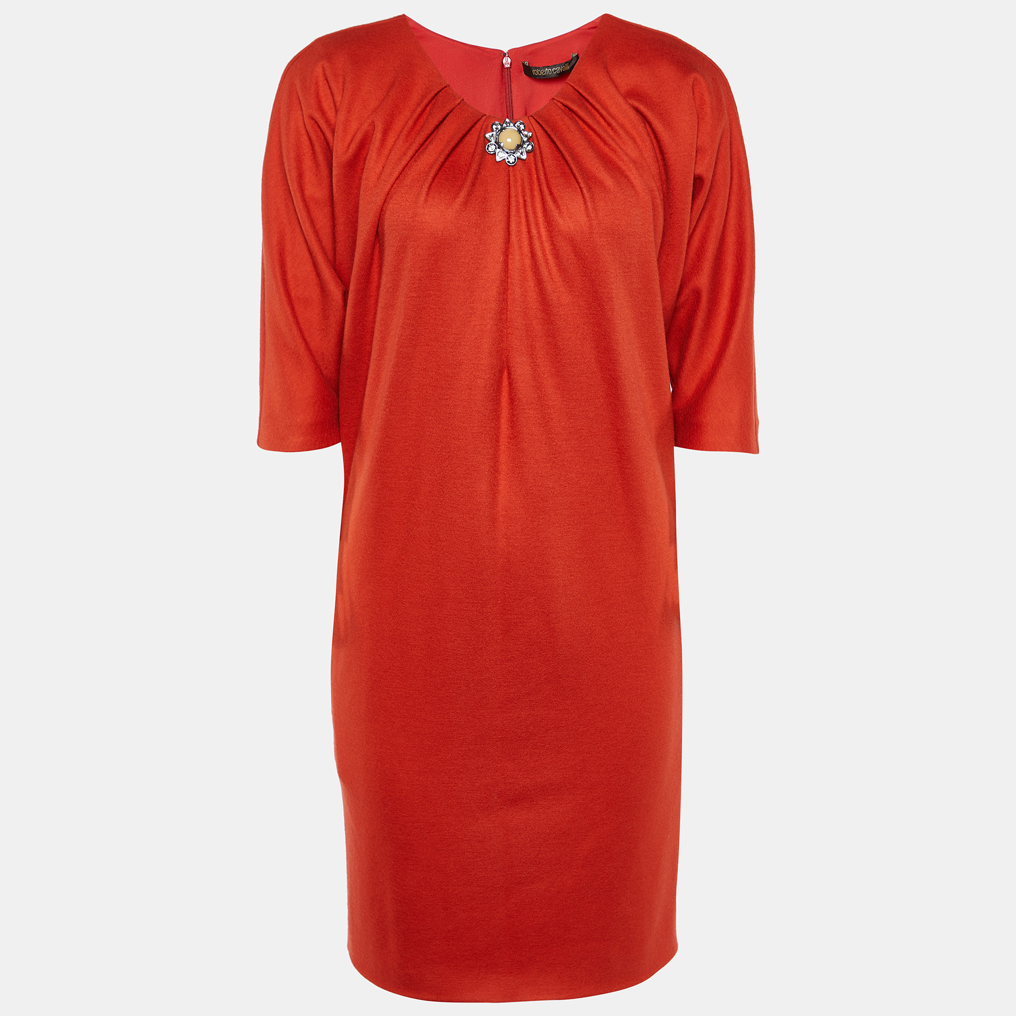 

Roberto Cavalli Orange Wool Brooch Detailed Neck Mini Dress