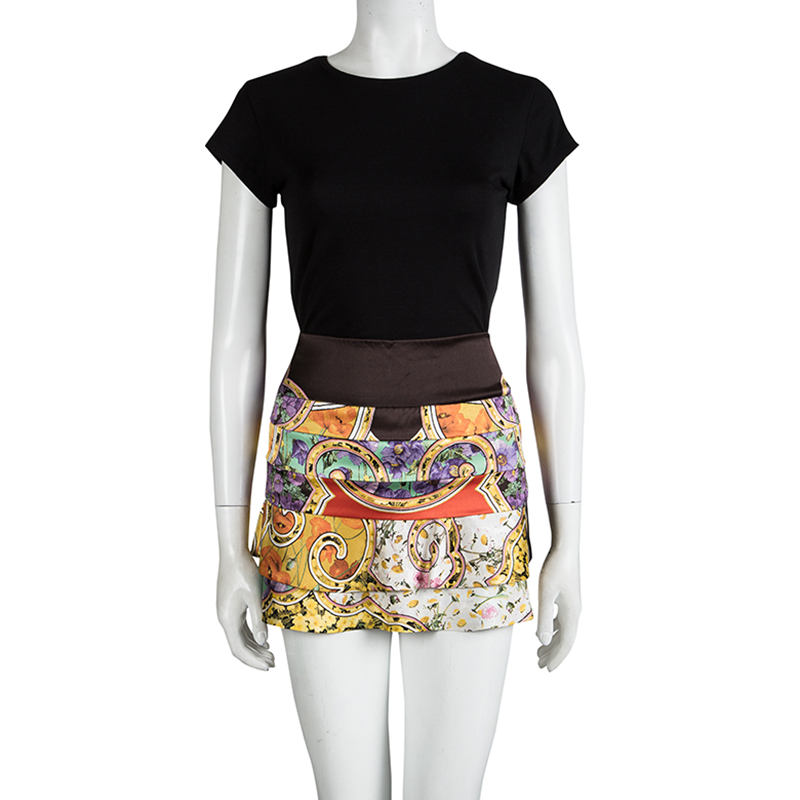 

Roberto Cavalli Multicolor Floral Printed Silk Tiered Mini Skirt