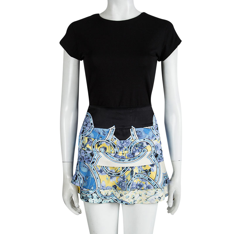 

Roberto Cavalli Blue Floral Printed Silk Tiered Mini Skirt
