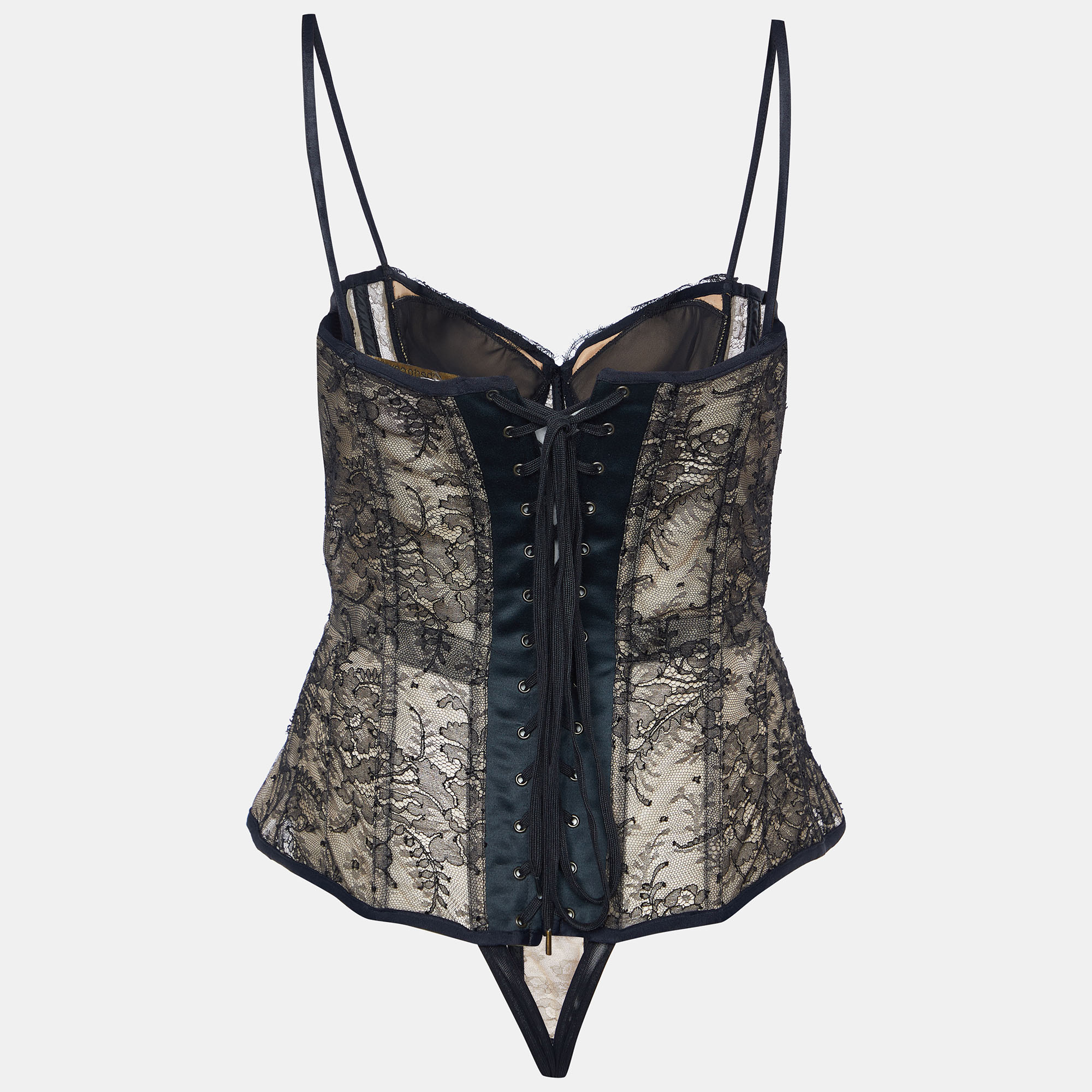 

Roberto Cavalli Black/Beige Sheer Victorian Lace Padded Corset Bodysuit