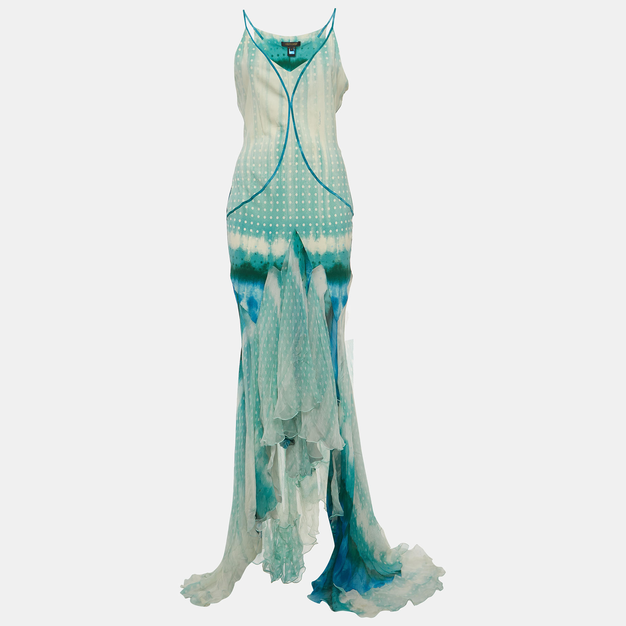 Pre-owned Roberto Cavalli Blue Printed Silk Asymmetric Aqua Dress L