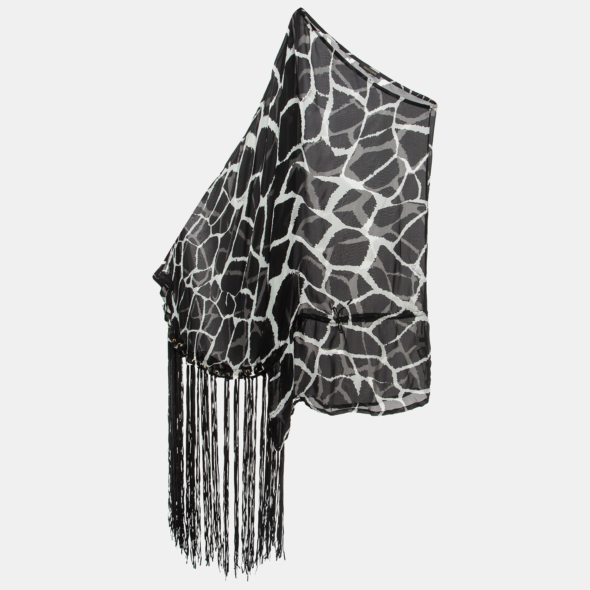 Pre-owned Roberto Cavalli Black Giraffe Print Silk Tasseled One-shoulder Dress L