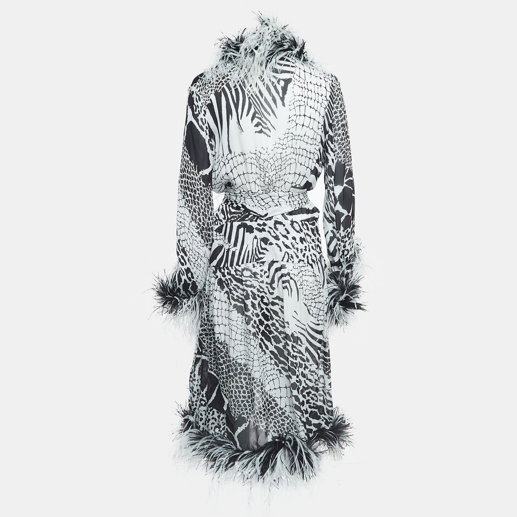 

Roberto Cavalli Black/White Ostrich Feather Trimmed Silk Midi Wrap Dress