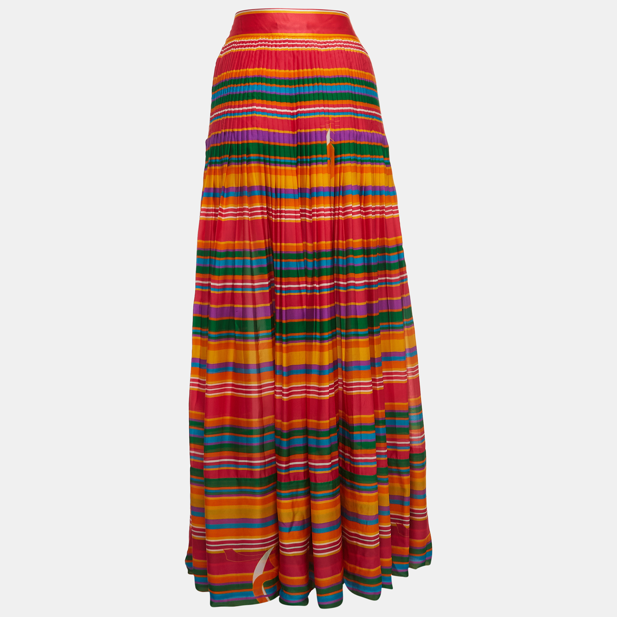 

Roberto Cavalli Multicolor Striped Silk Top Stitched Pleats Maxi Skirt