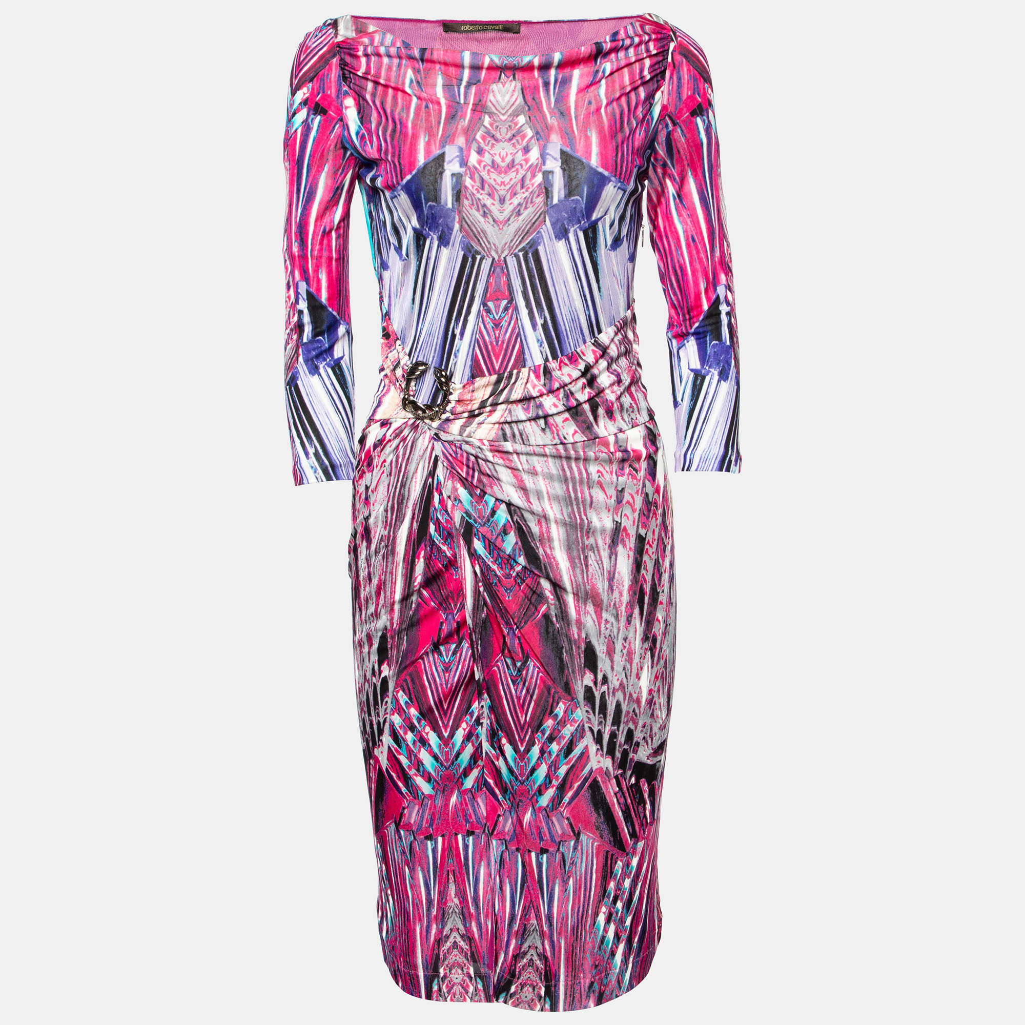 Pre-owned Roberto Cavalli Pink Marble Print Jersey Faux Wrap Dress S