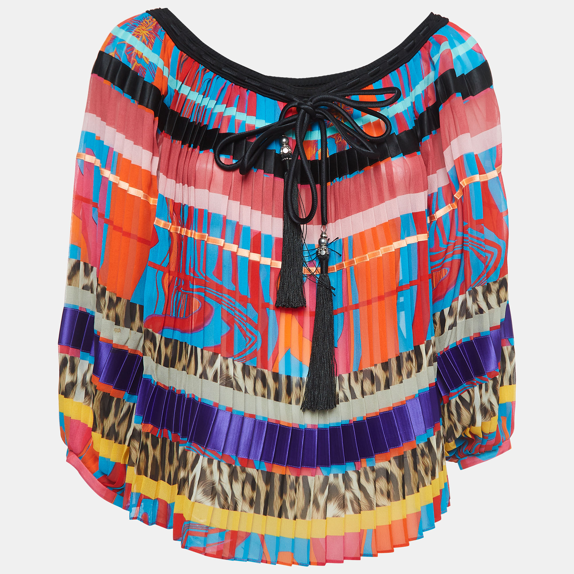Pre-owned Roberto Cavalli Multicolor Printed Crepe Pleated Blouse S