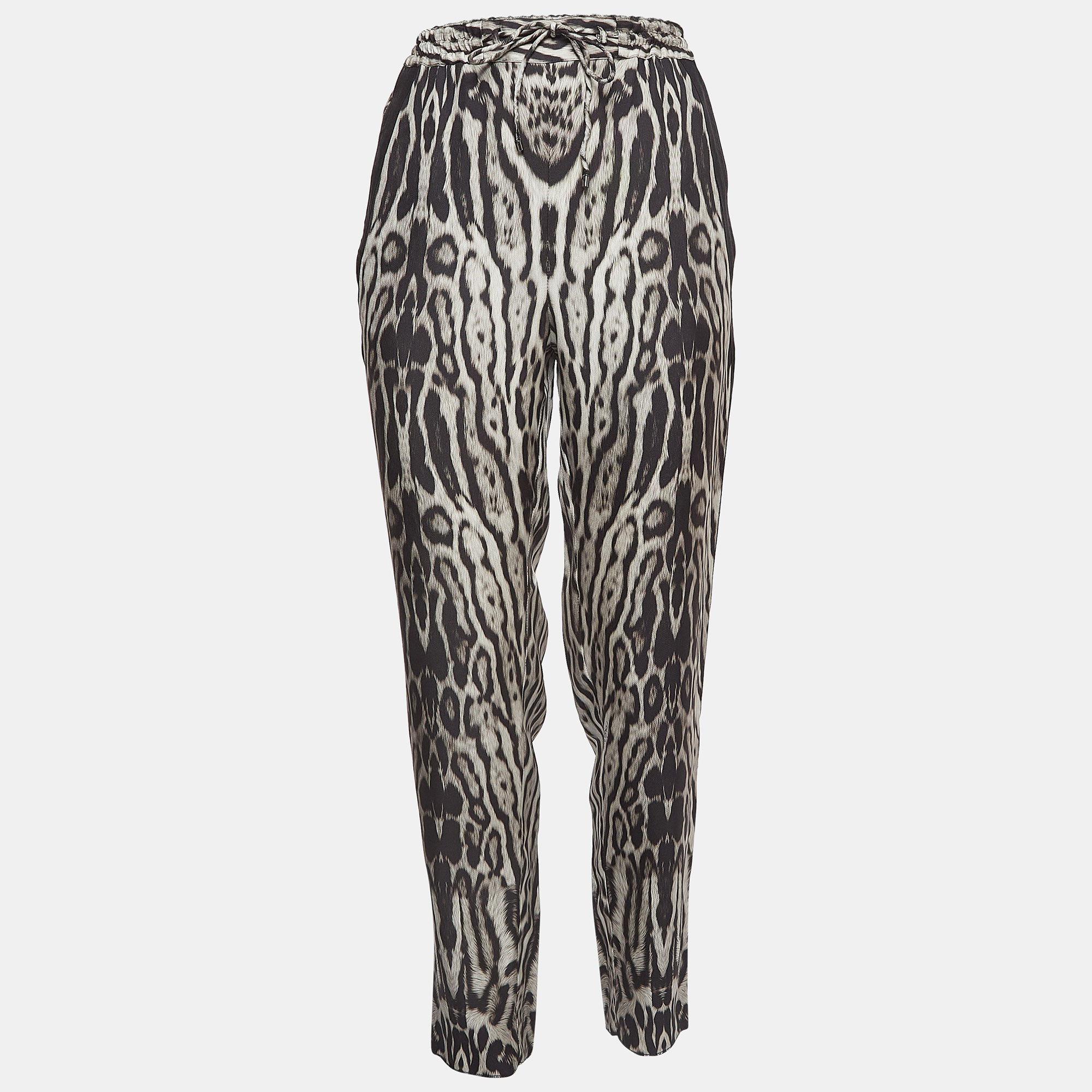 Pre-owned Roberto Cavalli Black Leopard Print Silk Drawstring Waist Trousers M