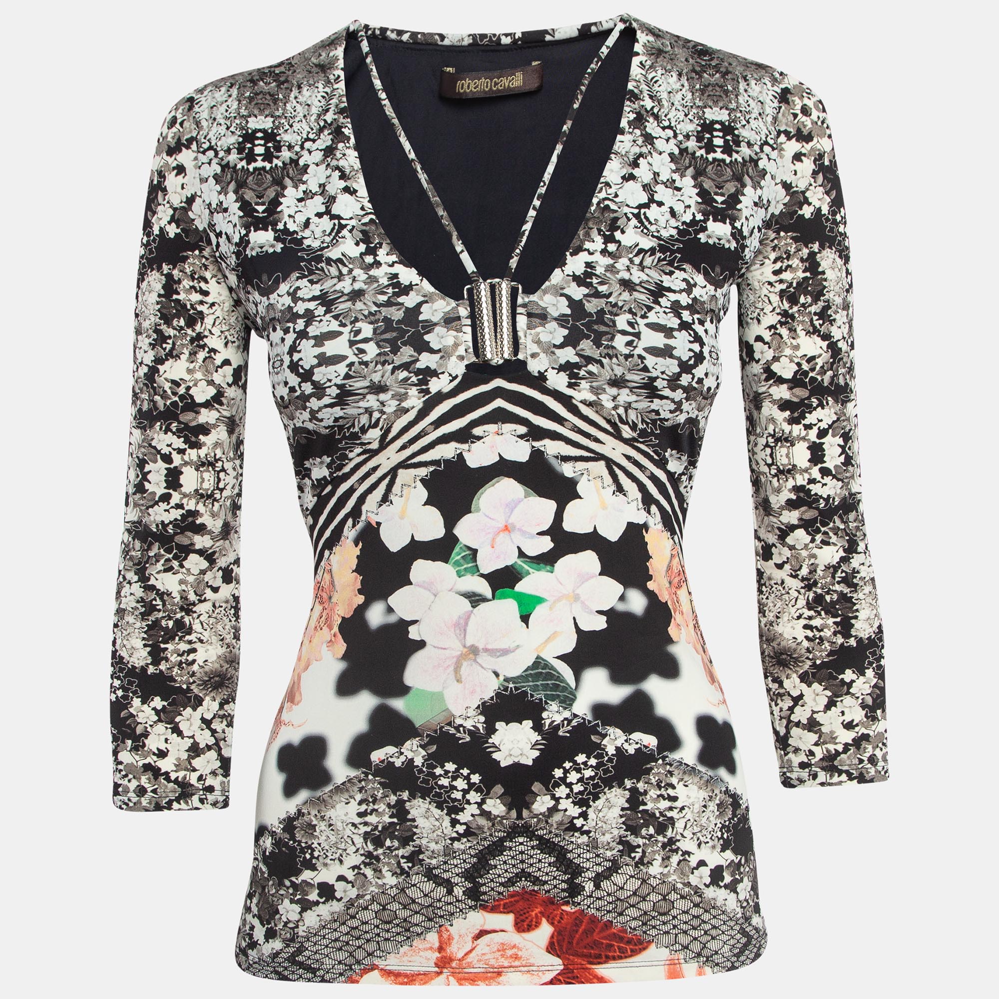 Pre-owned Roberto Cavalli Multicolor Floral Print Jersey Long Sleeve Top S