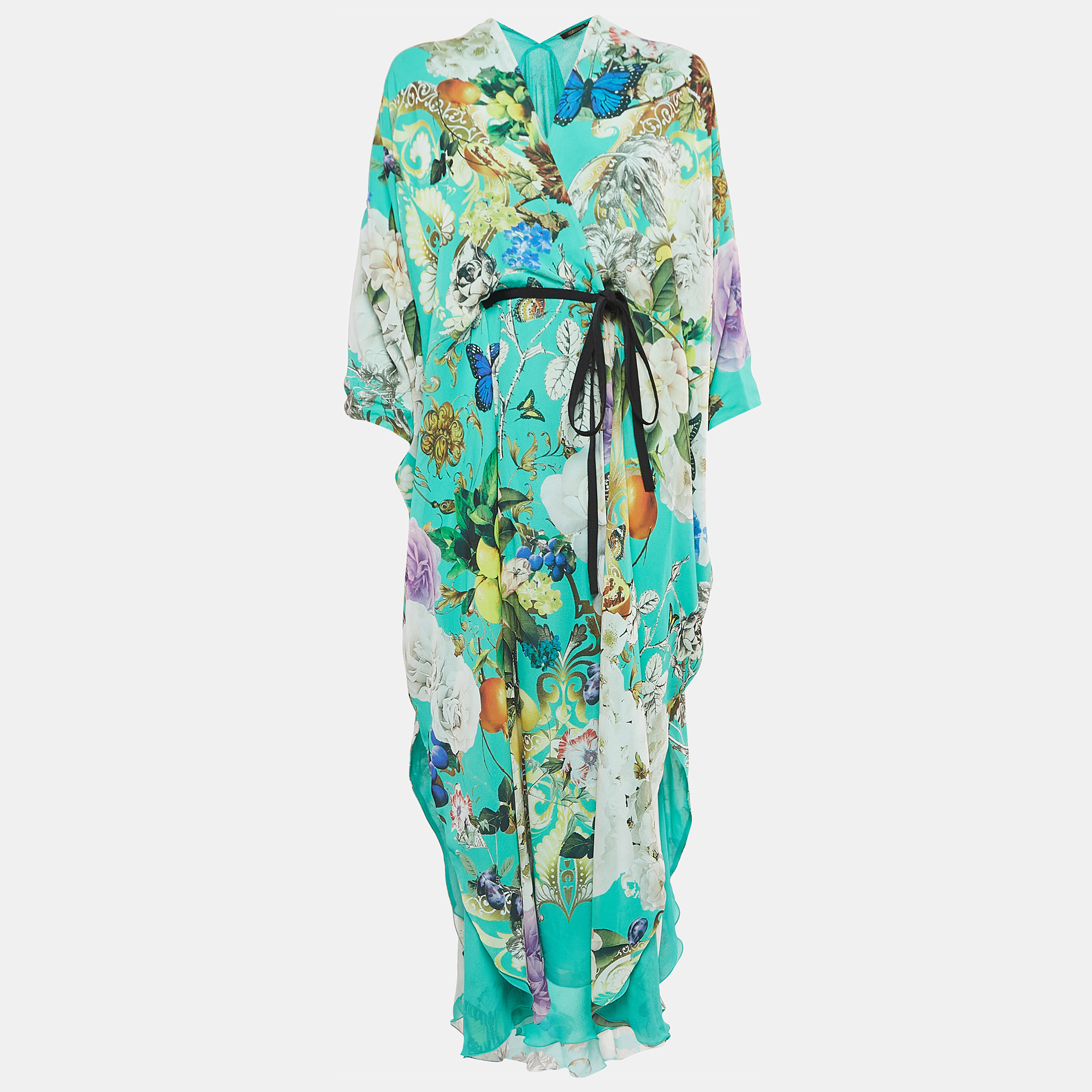 Pre-owned Roberto Cavalli Green Floral Print Silk Kaftan Wrap Dress S