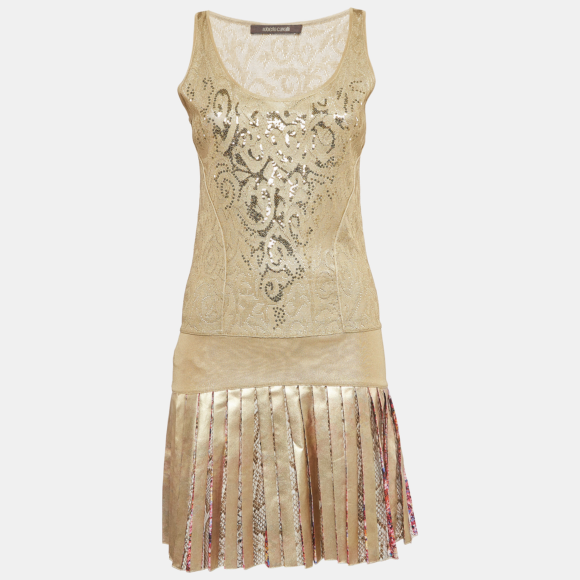 Pre-owned Roberto Cavalli Gold Knit And Silk Sequin Embellished Pleated Dress S