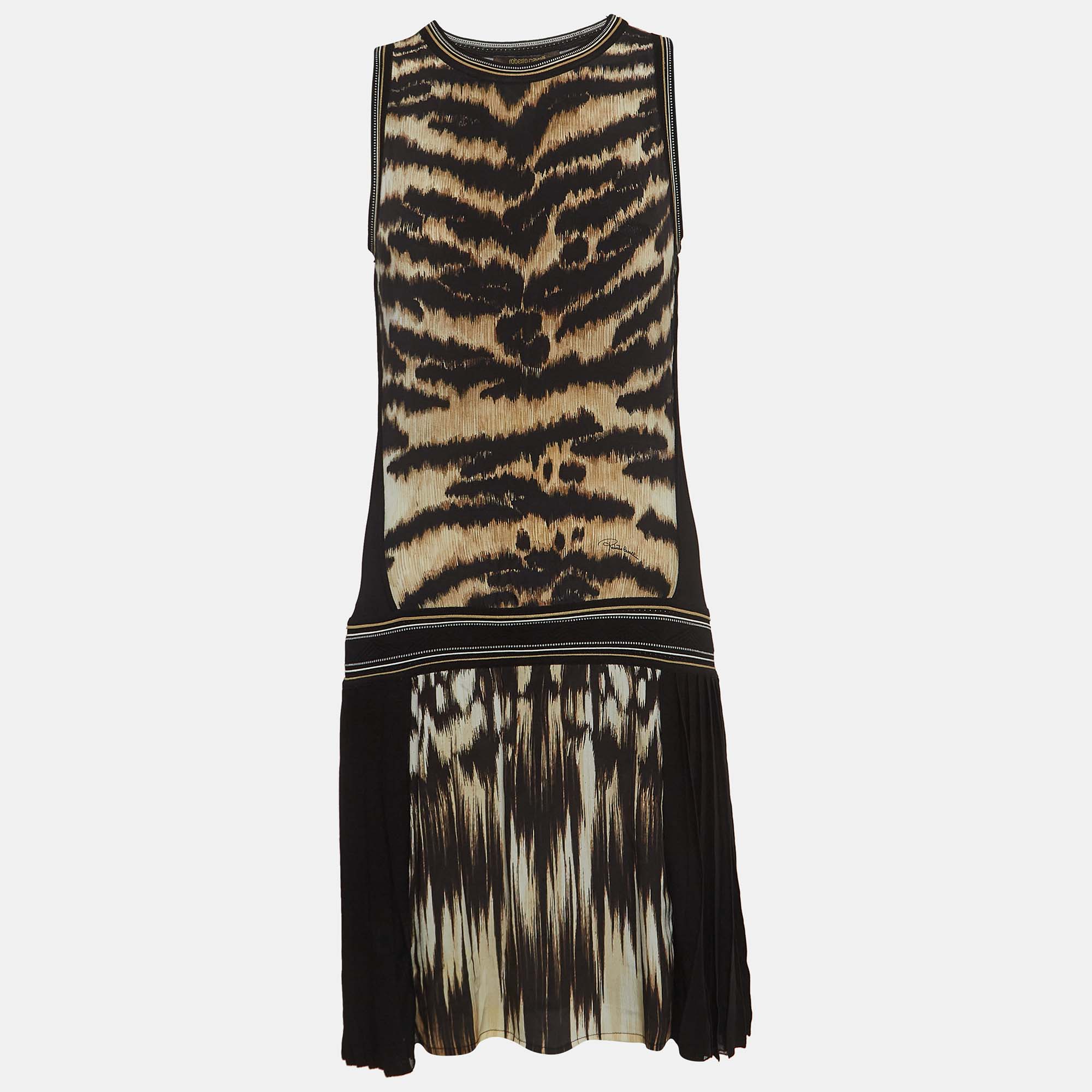 Pre-owned Roberto Cavalli Black Animal Print Silk And Knit Pleated Drop -waist Dress M