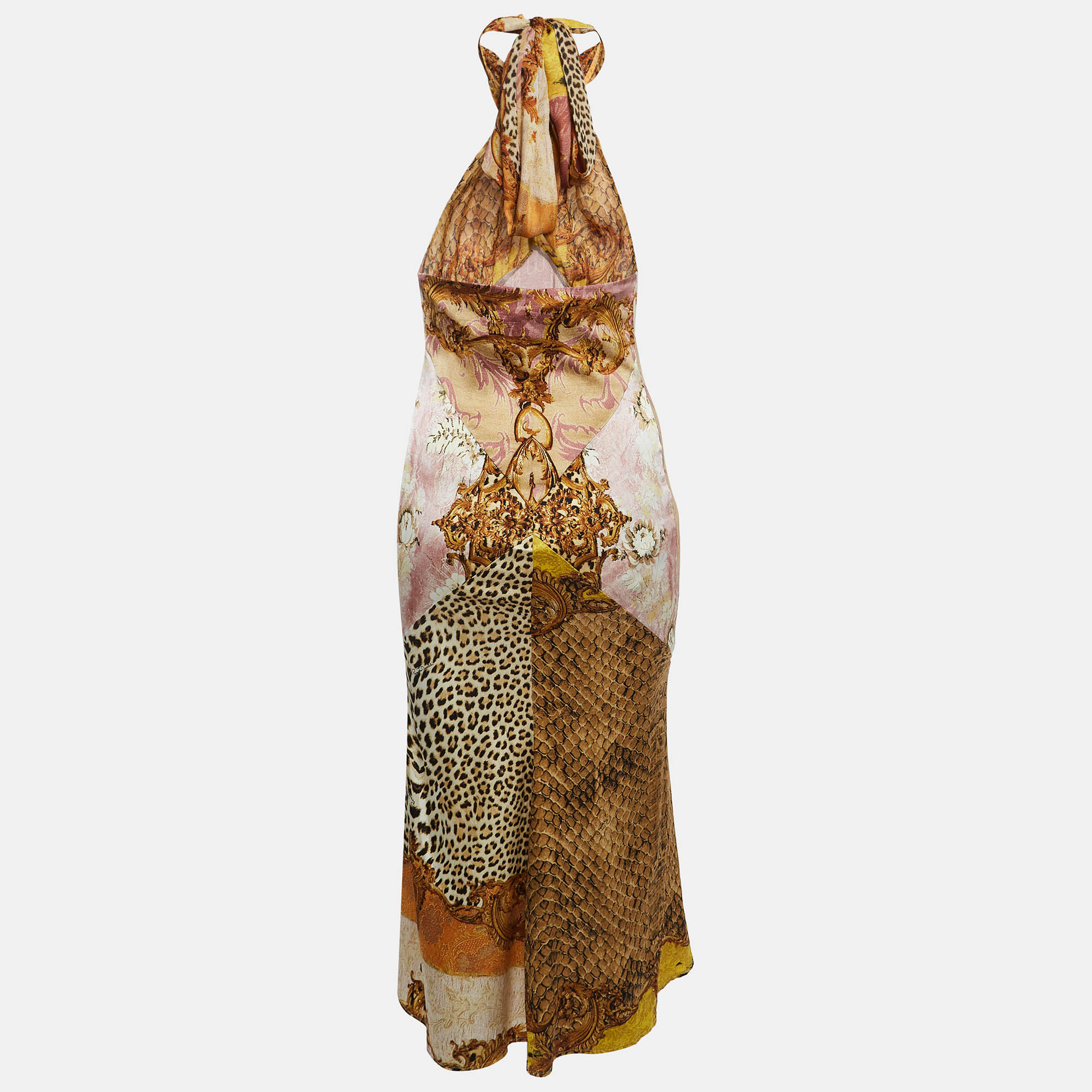 

Roberto Cavalli Multicolor Animal Print Satin Silk Tie-Up Halter Neck Midi Slip Dress