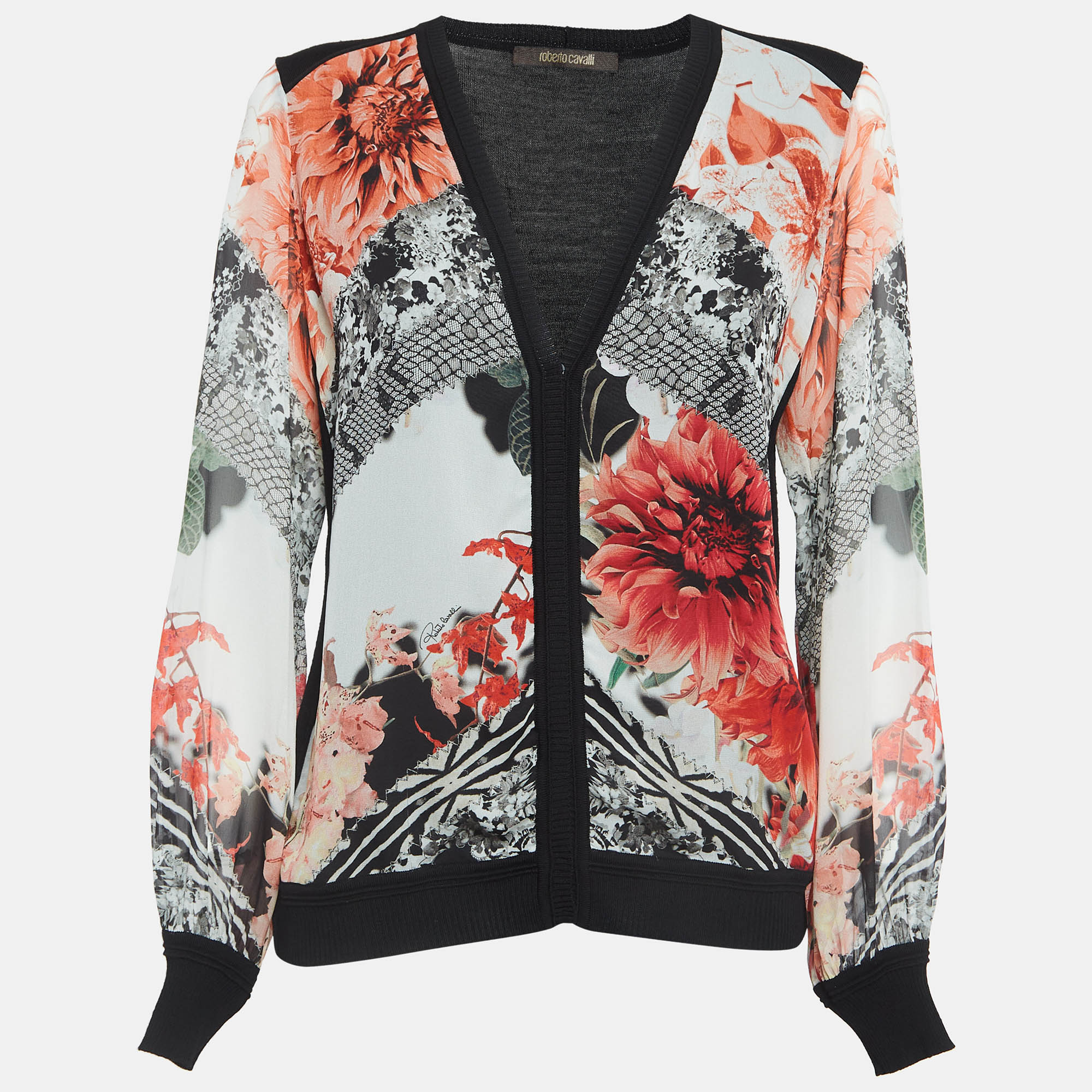 

Roberto Cavalli Red/Black Floral Print Silk and Knit Buttoned Cardigan