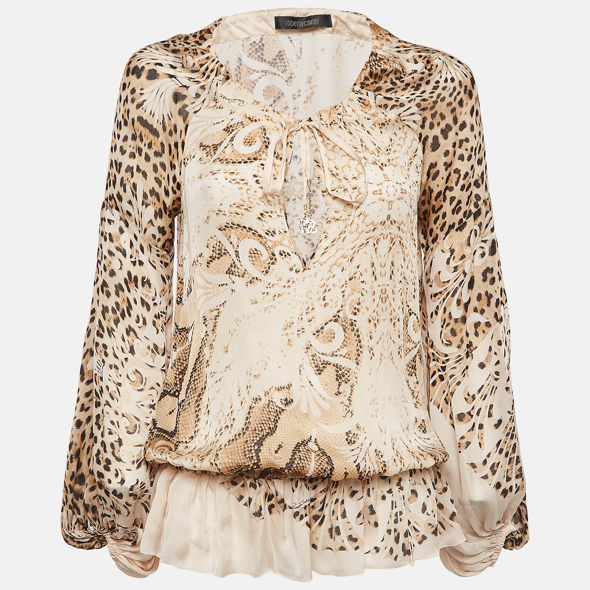 

Roberto Cavalli Beige Animal Print Silk Tie Front Blouse