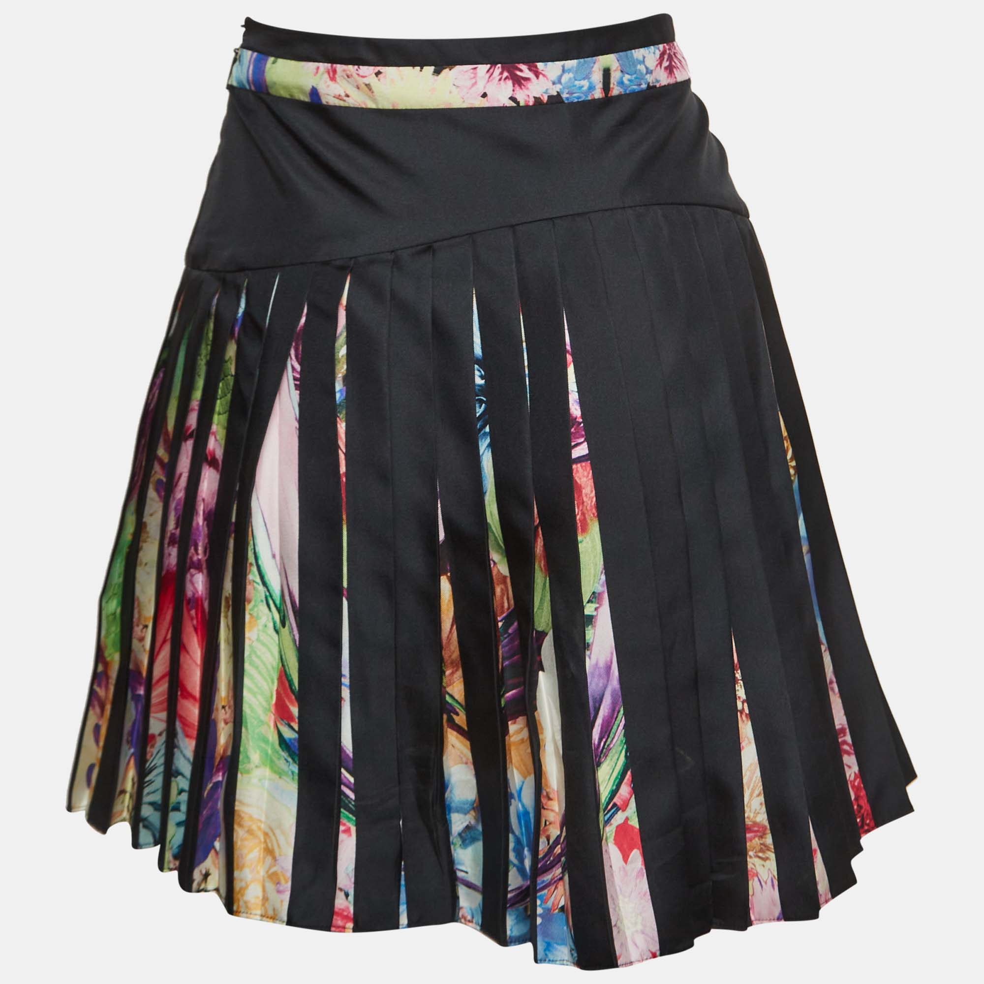 Roberto Cavalli Multicolor Floral Printed Silk Pleated Mini Skirt S 