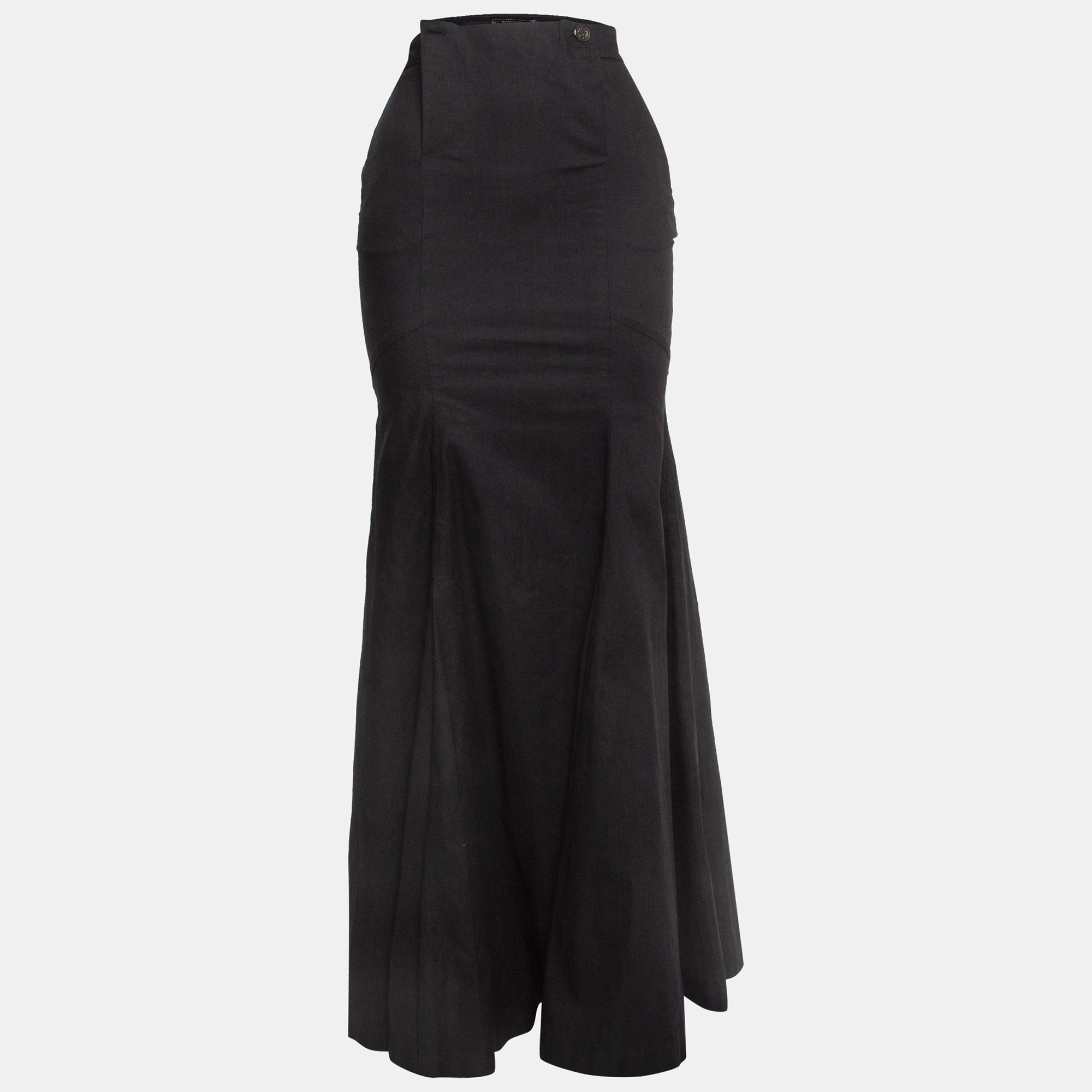 Pre-owned Roberto Cavalli Black Cotton Canvas Flared Maxi Skirt S