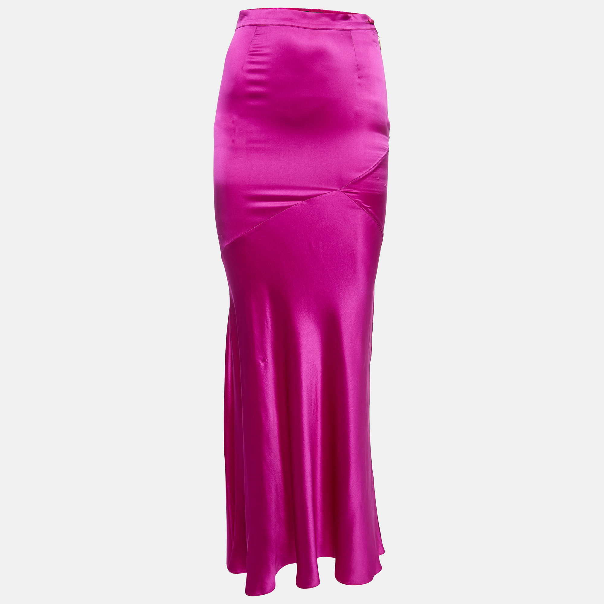 Pre-owned Roberto Cavalli Fuschia Pink Satin Silk Flared Maxi Skirt S