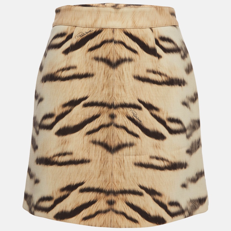 Pre-owned Roberto Cavalli Beige Tiger Print Fleece Wool Mini Skirt M