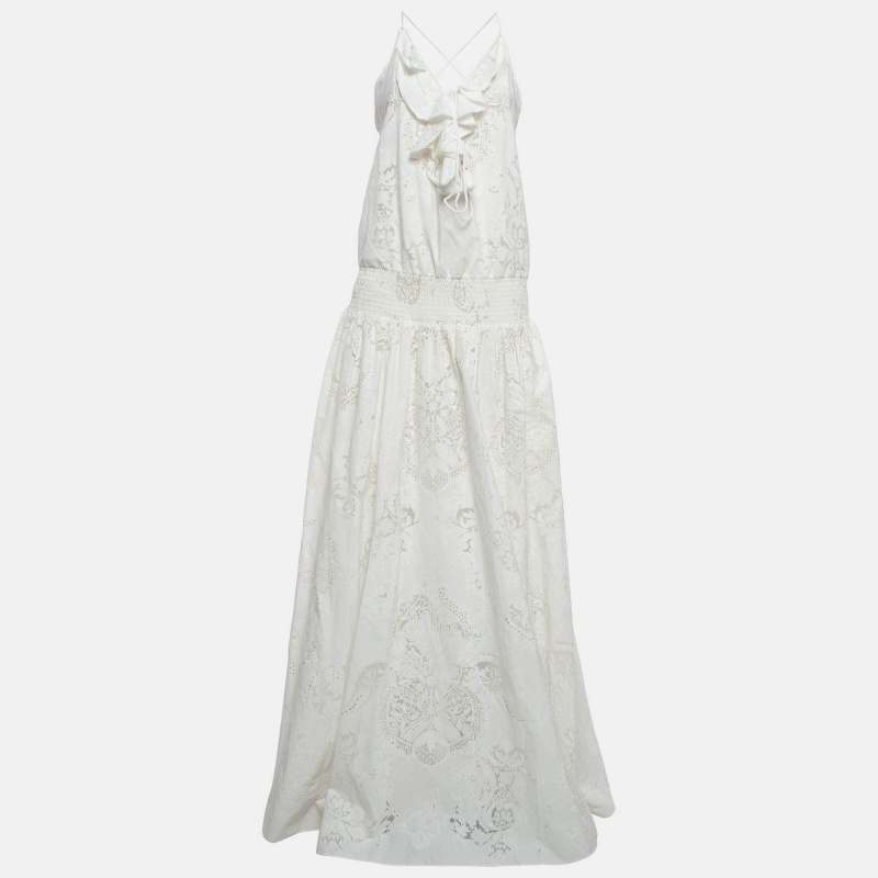 

Roberto Cavalli Off-White Semi Sheer Patterned Cotton Frill Detailed Maxi Dress M