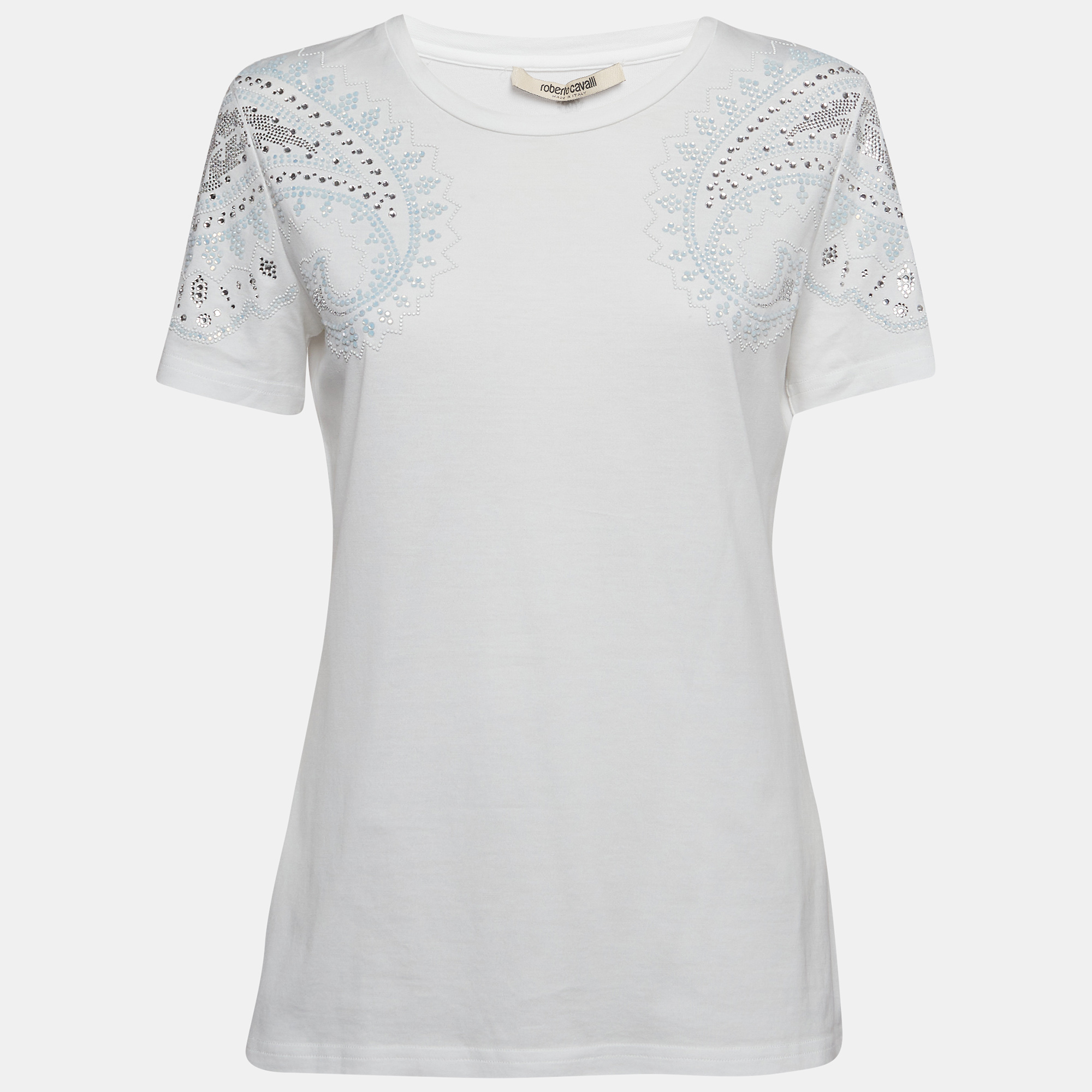 

Roberto Cavalli White Crystal Embellished Jersey T-Shirt M