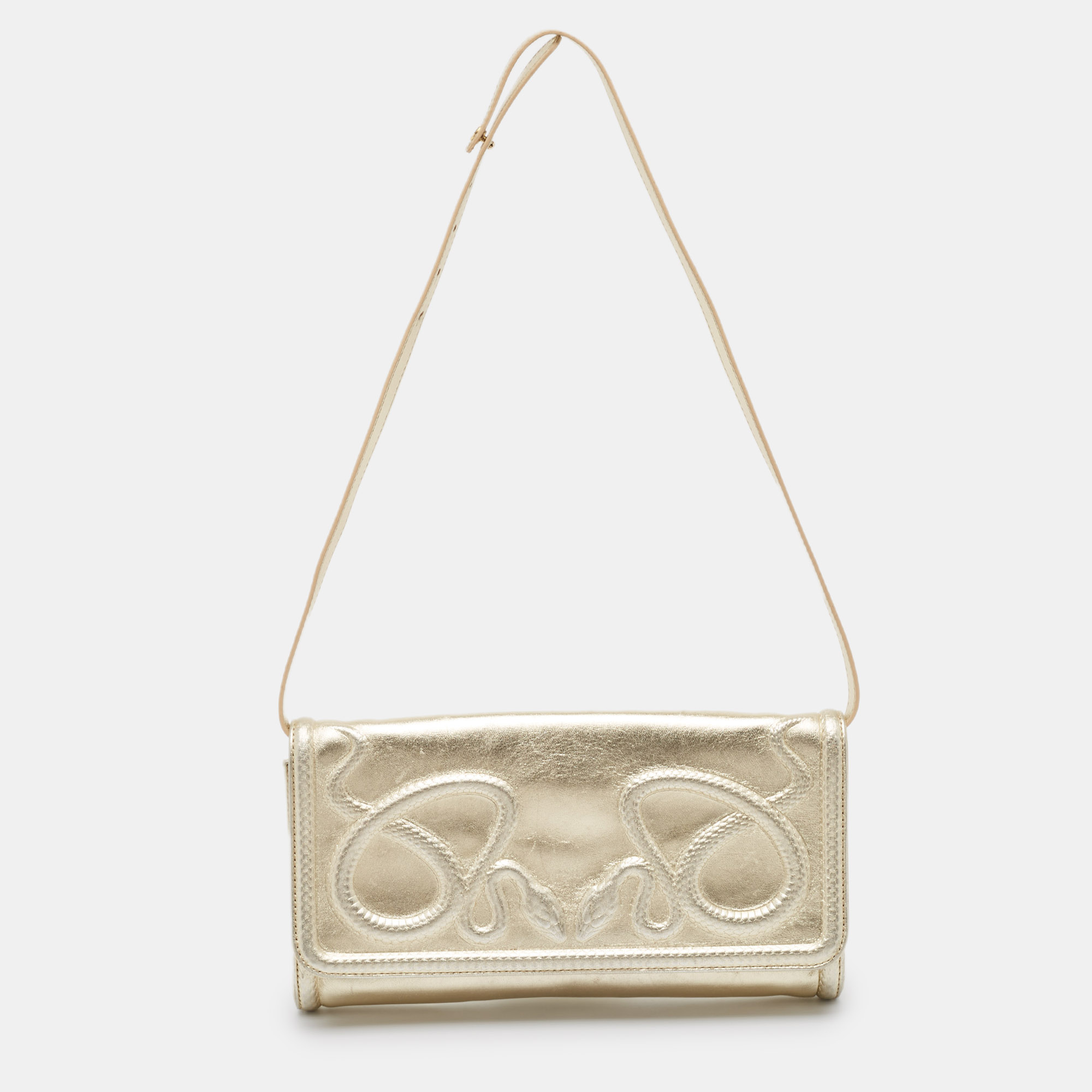 

Roberto Cavalli Gold Snake Embossed Leather Clutch